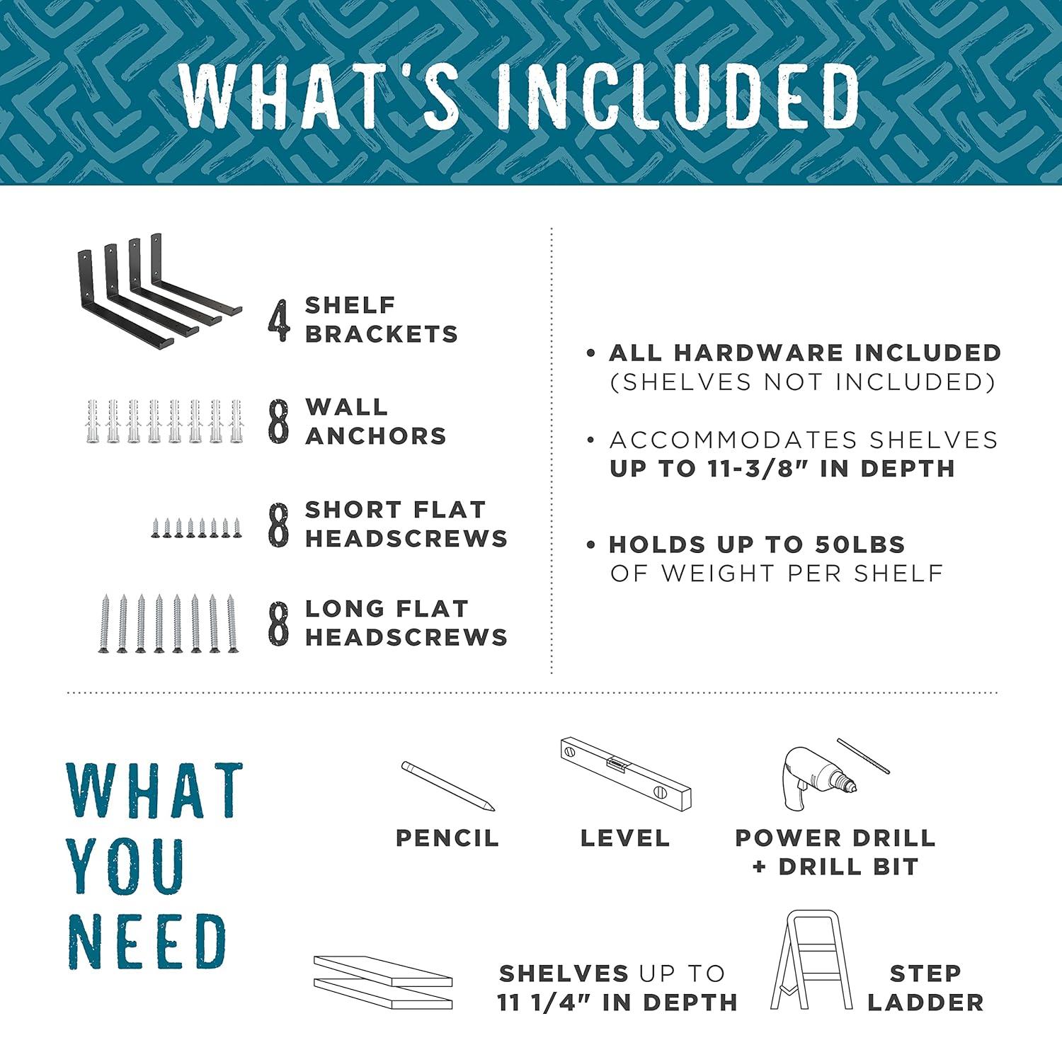 Black N900-002 11 inch Floating Shelves Heavy Duty Shelf Metal L Bracket with Wall Anchors, 11.8” x 5.9, Size