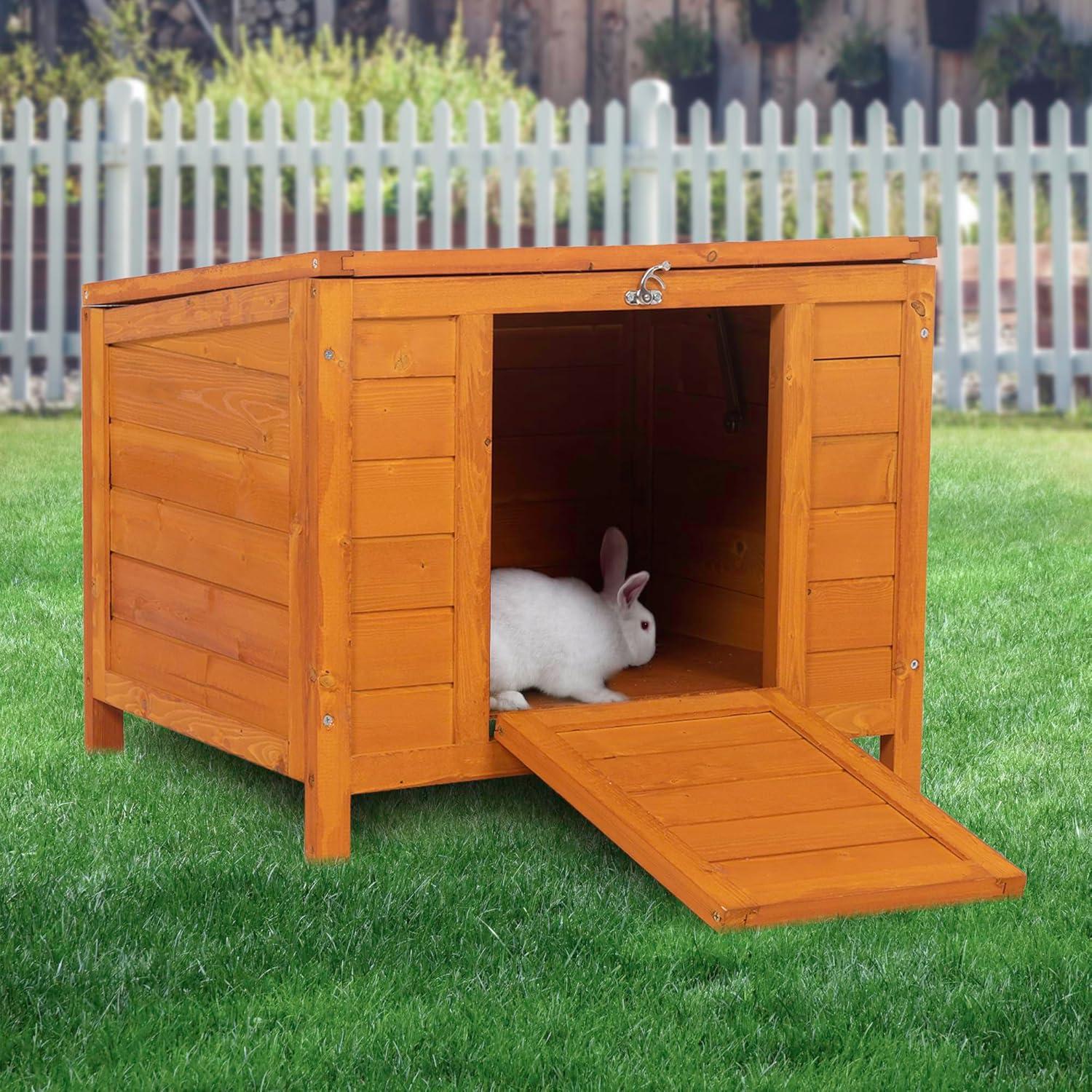 Small Wood Rabbit Hutch Bunny Cage, Raised Cat House with Ladder for Small Animals, Orange