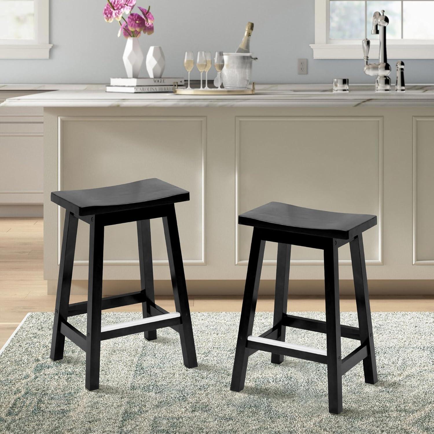 QuellQuest Bar Stools Set of 2 for Kitchen Counter Solid Wooden Saddle Stools 24-Inch/30-Inch Height (Brown, 24 in)