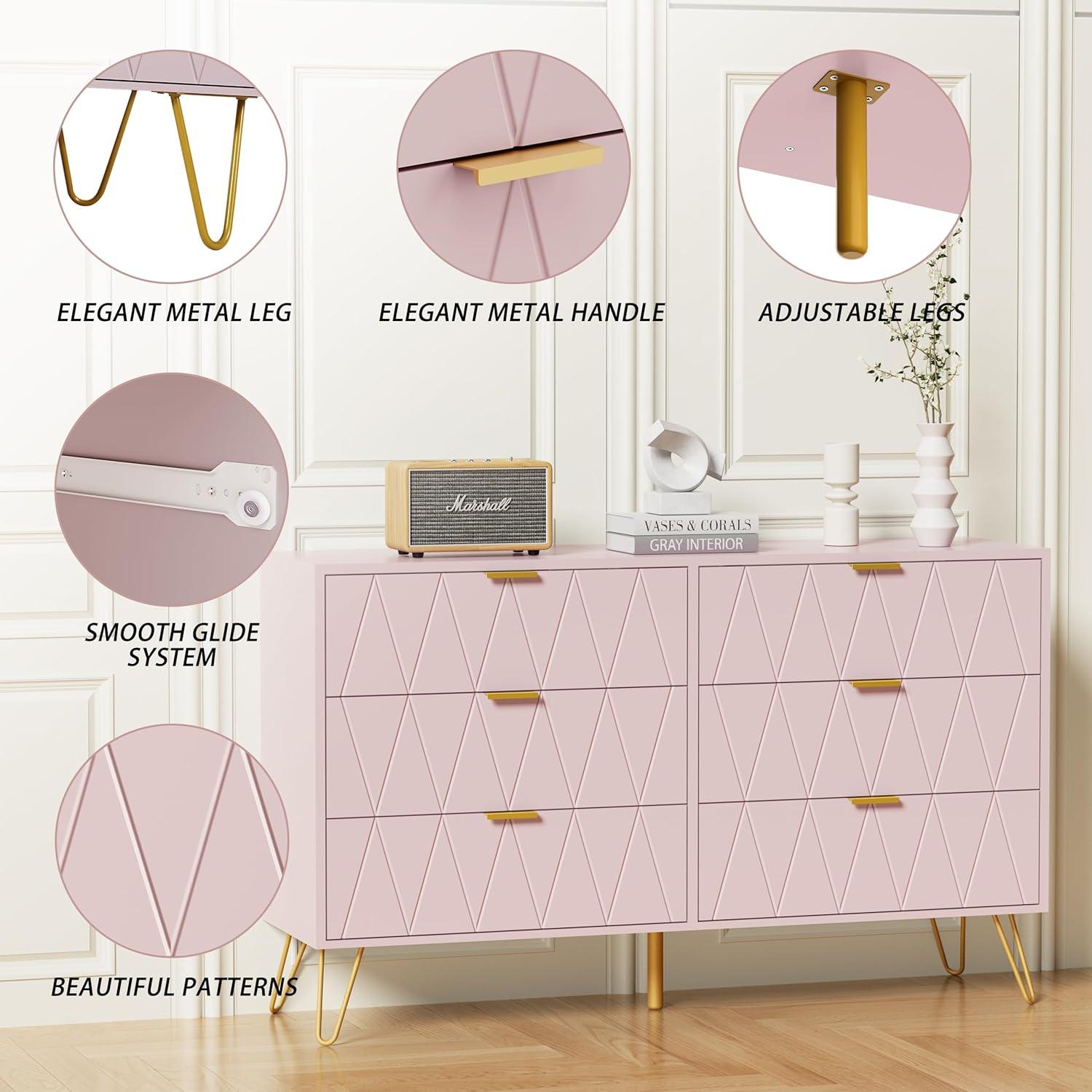 Large Pink Modern 6-Drawer Dresser with Gold Handles