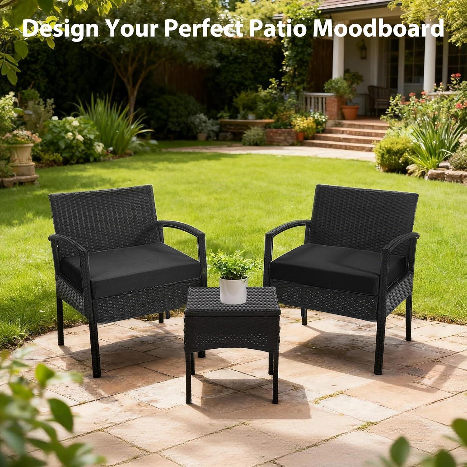 Tappio Outdoor Furniture 3 Piece Patio Bistro Furniture Set, Rattan Conversation Chairs Set with Side Table and Cushions, Patio Furniture Sets for Balcony Garden Porch, Black
