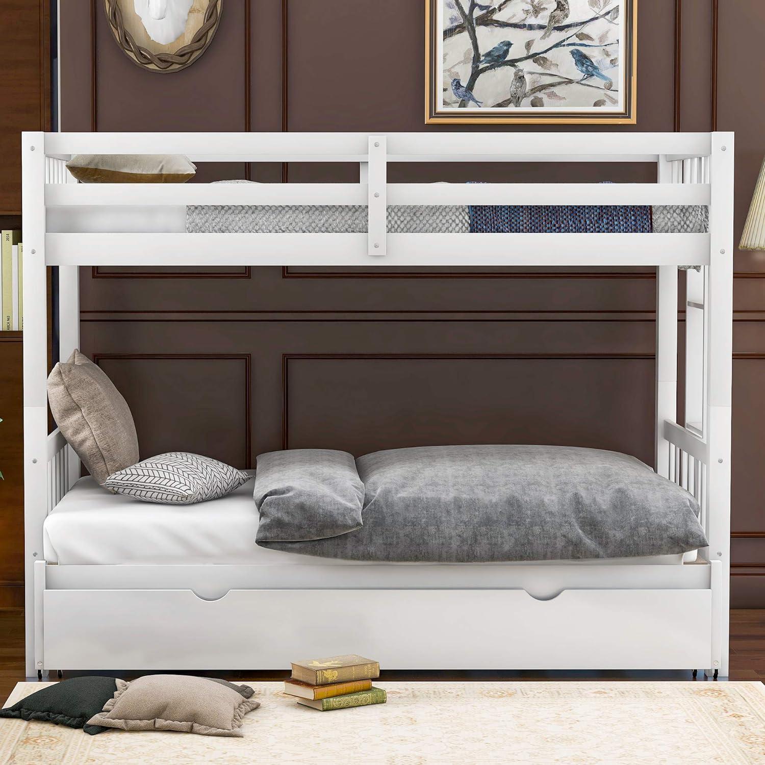 DreamBuck, Twin over Pull-out Bunk Bed with Trundle, Solid Wood Twin Over Twin/King Bunk Bed, Extendable Bunk Beds with Ladder and Safety Rail, Thicken Wooden Bunkbed, Accommodate 4 People, White