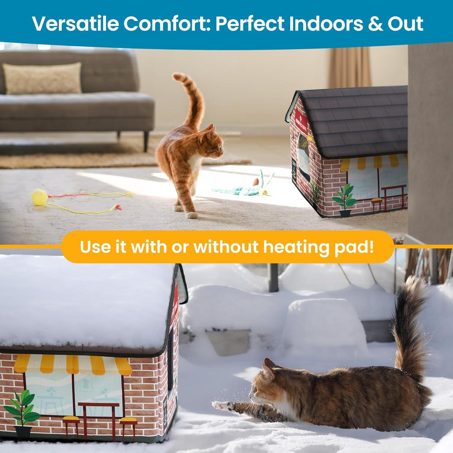 Deluxe Heated Cat House for Winter - Weatherproof, Insulated, Easy Assembly, Cat Heating Pad, Dual Escape Doors, Outdoor & Indoor Cat House - Coffee Pethouse