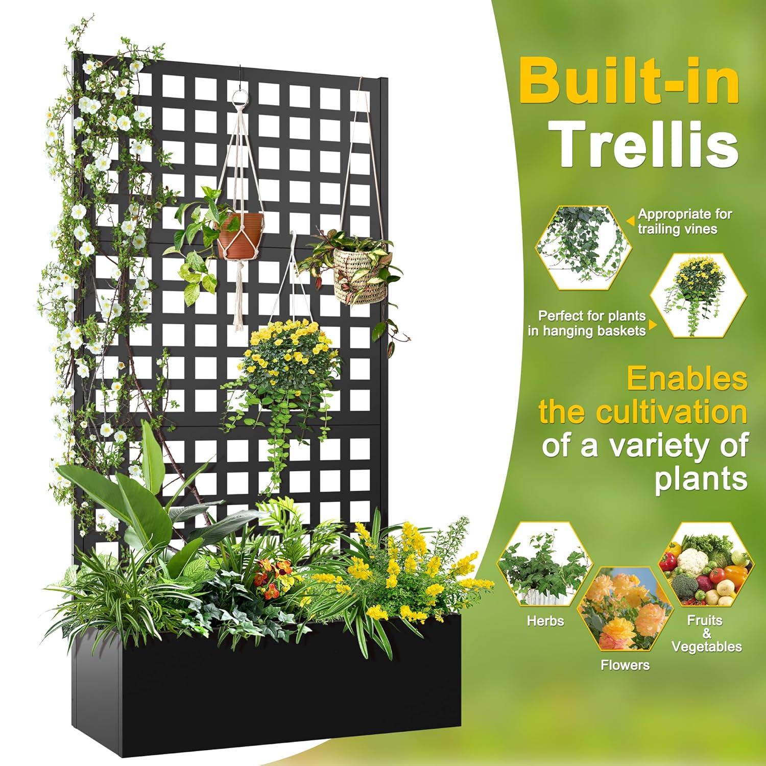 FENCY Metal Raised Garden Bed with Trellis, Metal Planter Box with Trellis, Garden Box for Climbing Plants Vegetable, 35''Lx16''Wx71''H Garden Bed with Drainage Holes(Black)