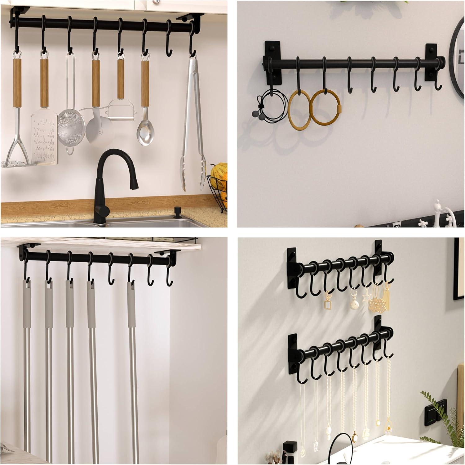 Black Stainless Steel Wall Mounted Kitchen Rail with 8 Hooks