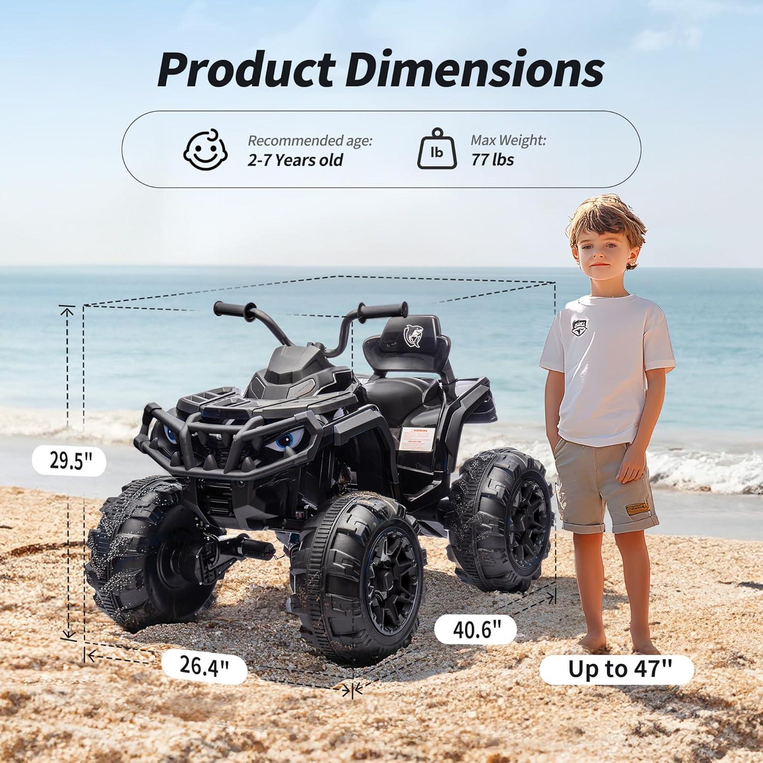 Outfunny Shark Kids ATV 4-Wheeler, 24 Volt 4WD Ride on Toy for Big Kid w/Bluetooth, 4x200W Motor, 5.6Mph Max Speed