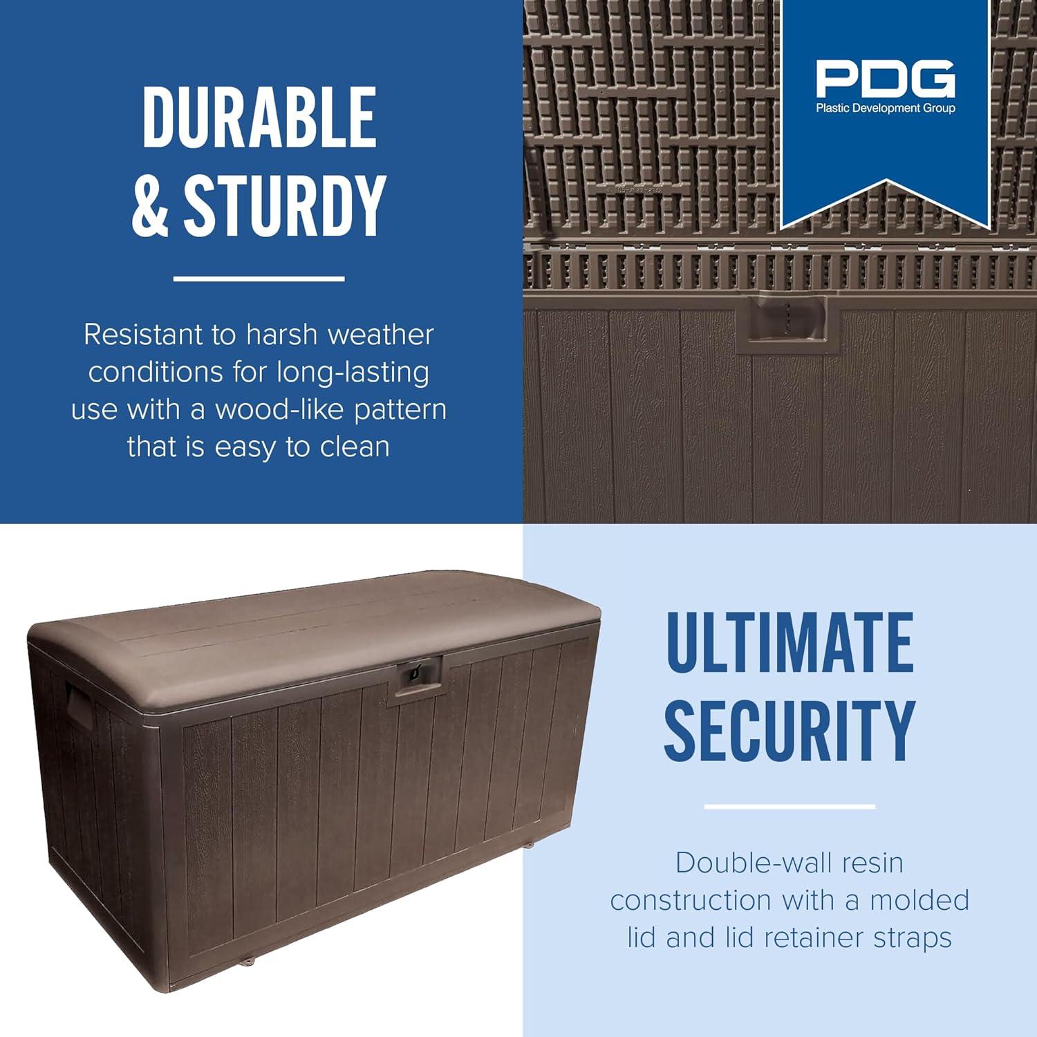 Plastic Development Group 105-Gallon Weather-Resistant Plastic Resin Outdoor Patio Storage Deck Box with Soft-Close Lid, Java Brown
