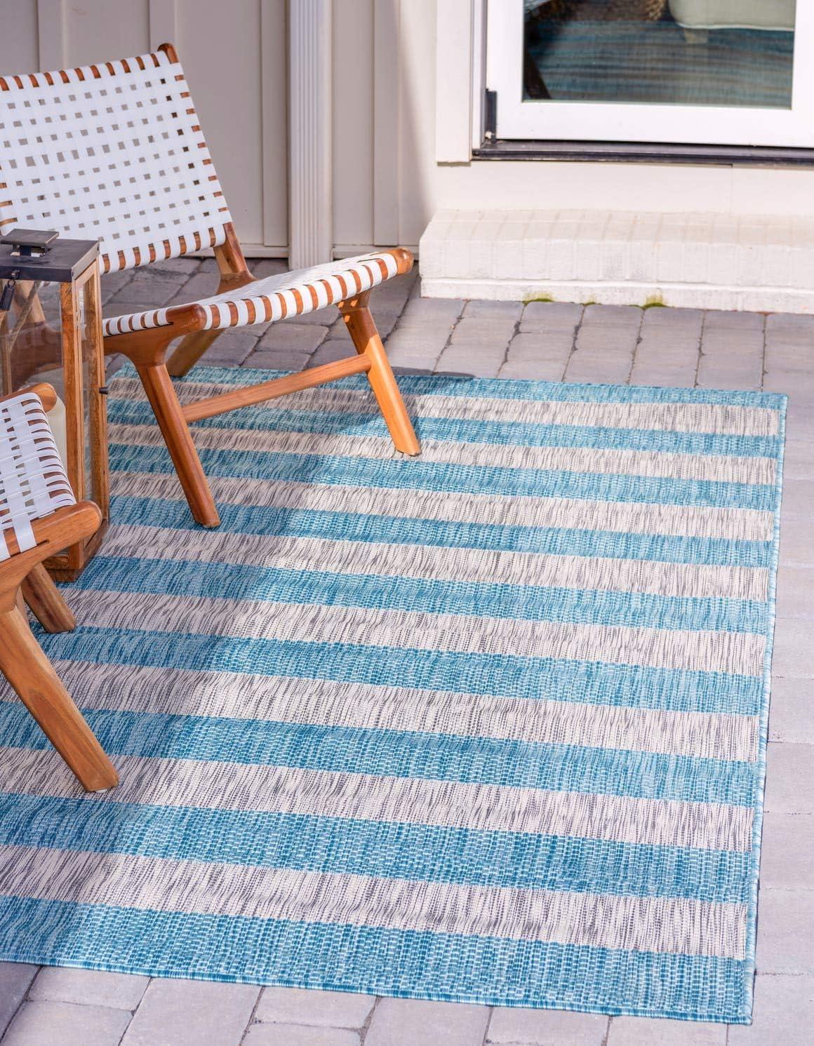 Unique Loom Outdoor Striped Collection Area Rug - Distressed Stripe (9' x 12' Rectangle Light Aqua/Gray)