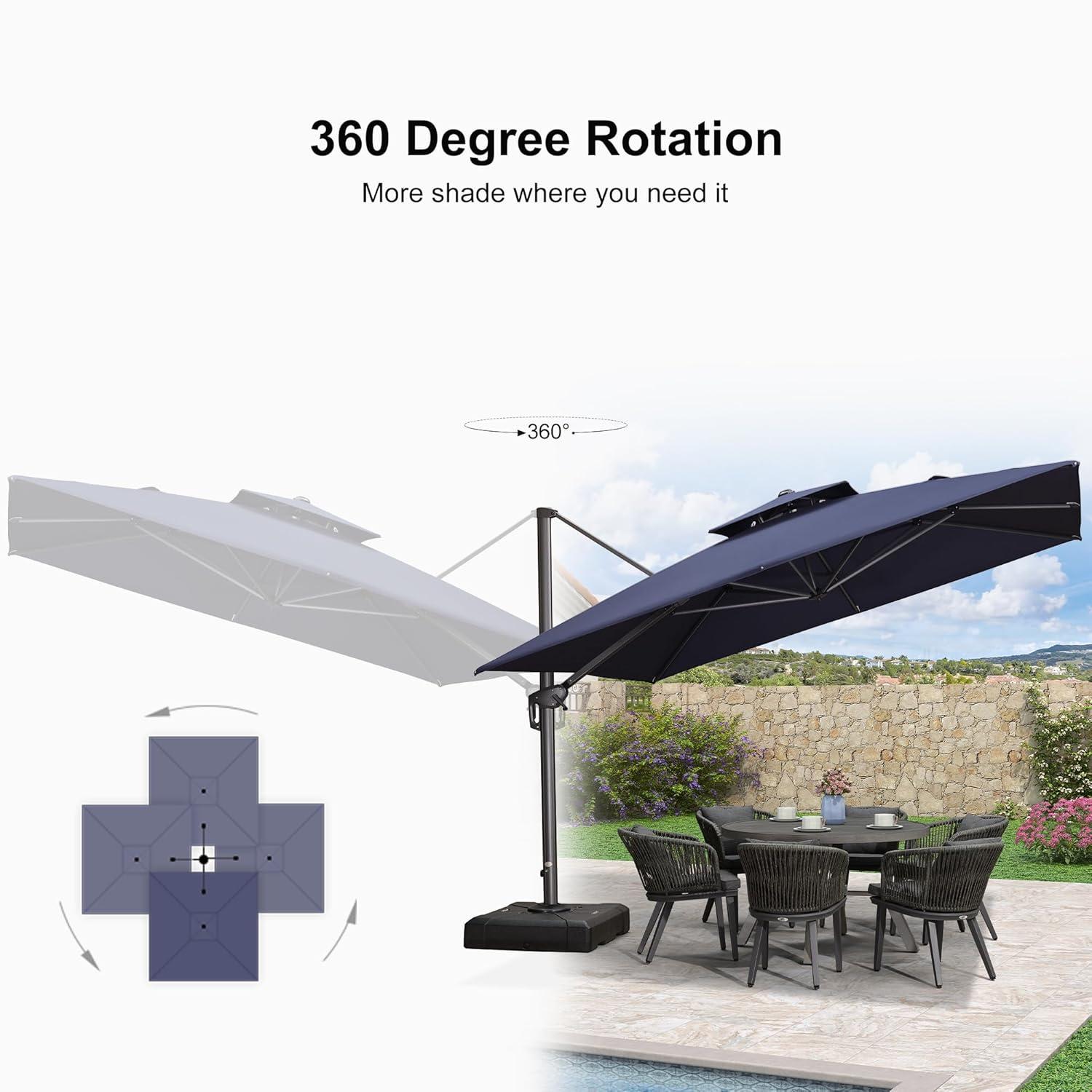 PURPLE LEAF 11FT Cantilever Outdoor Umbrellas Large Patio Umbrella Hanging Double Top Square Offset Umbrella with 360°Rotation Tilting Umbrella Outdoor Patio, Navy Blue