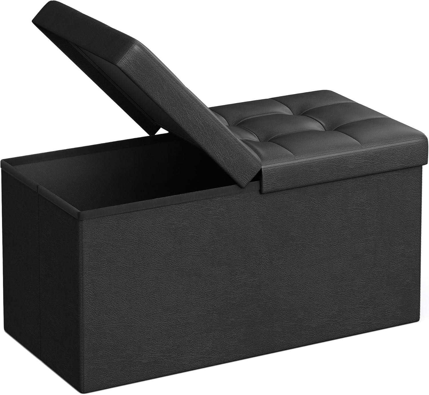 SONGMICS 43" Folding Storage Ottoman Bench Leather Ottoman Storage Footrest Hold up to 660lb Black