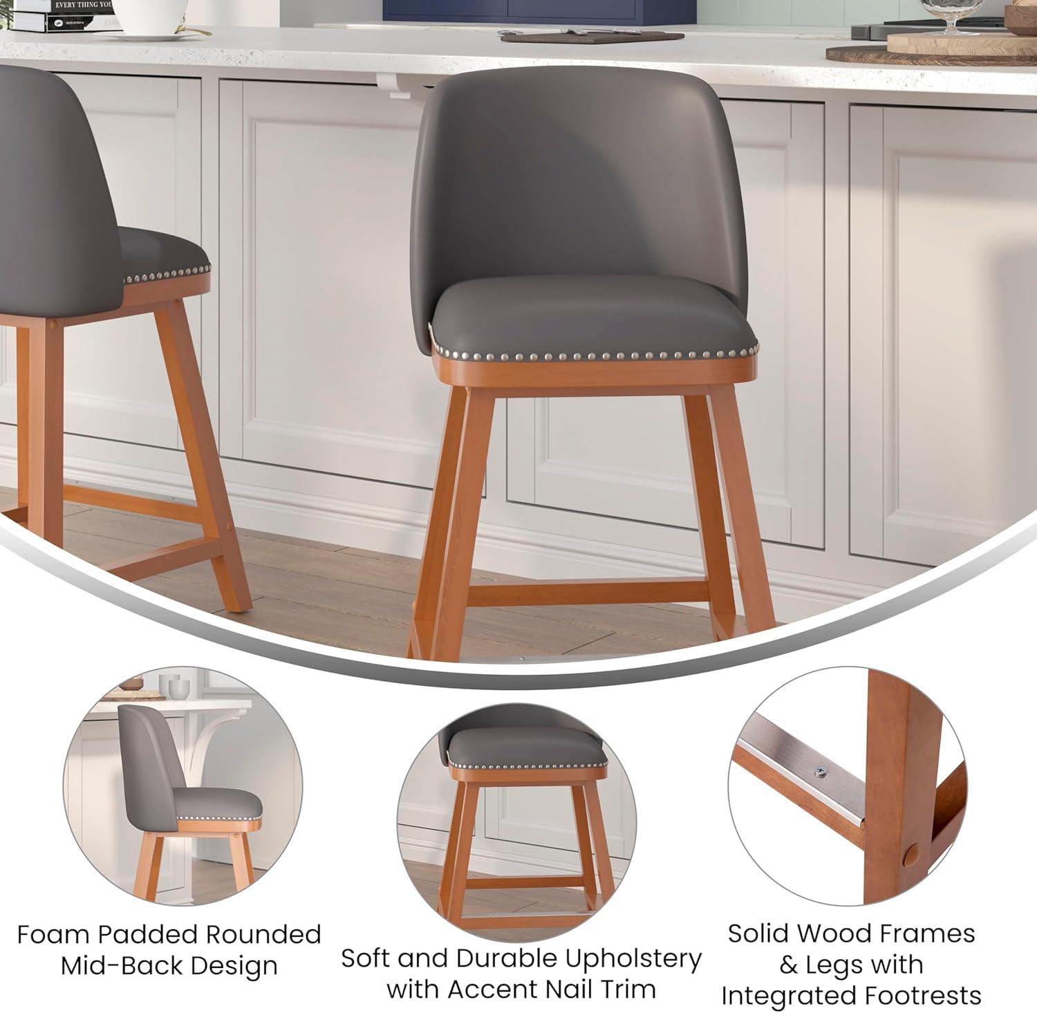 Flash Furniture 2 Pack Commercial Walnut Finish Wood Barstools with Nail Trim-Charcoal Faux Linen