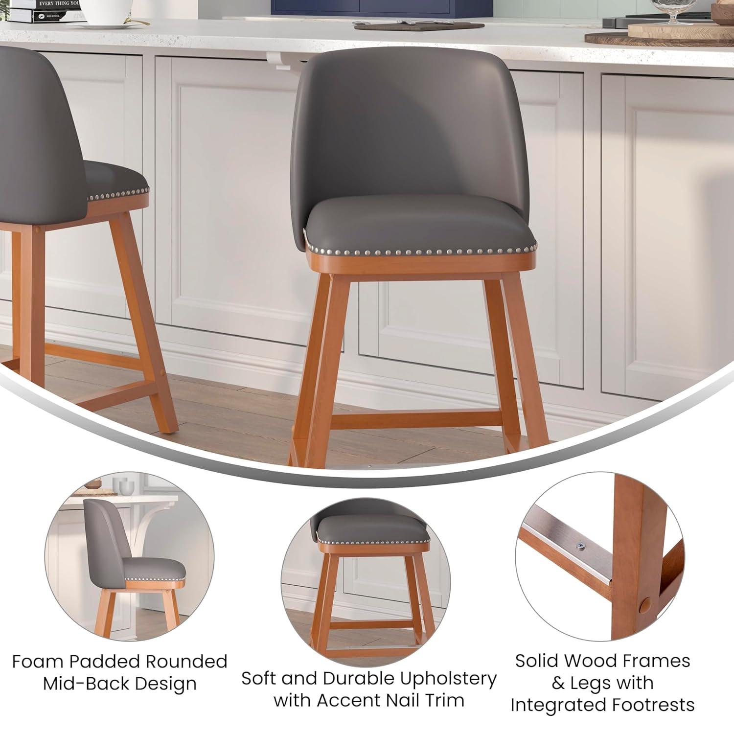 Flash Furniture 2 Pack Commercial Walnut Finish Wood Barstools with Nail Trim-Charcoal Faux Linen