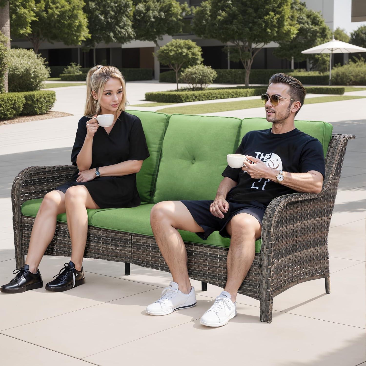 3-Seat Wicker Outdoor Patio Sofa Sectional Couch with Green Cushions