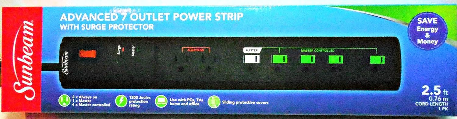 Sunbeam Black 7-Outlet Surge Protector Power Strip with USB Ports