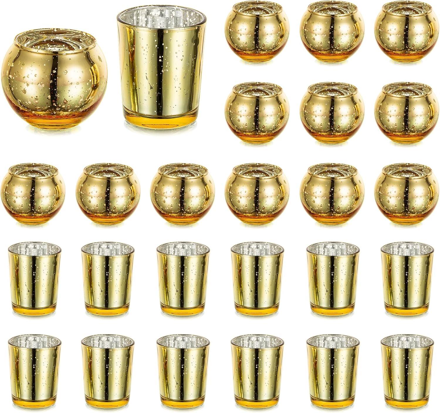 Glasseam Gold Votive Candle Holders, Tea Light Candle Holder Bulk 24, Small Mercury Glass Candle Holder for Mini Floating Candles, Glitter Tealight Candle Holders for Dining Table Christmas Decor