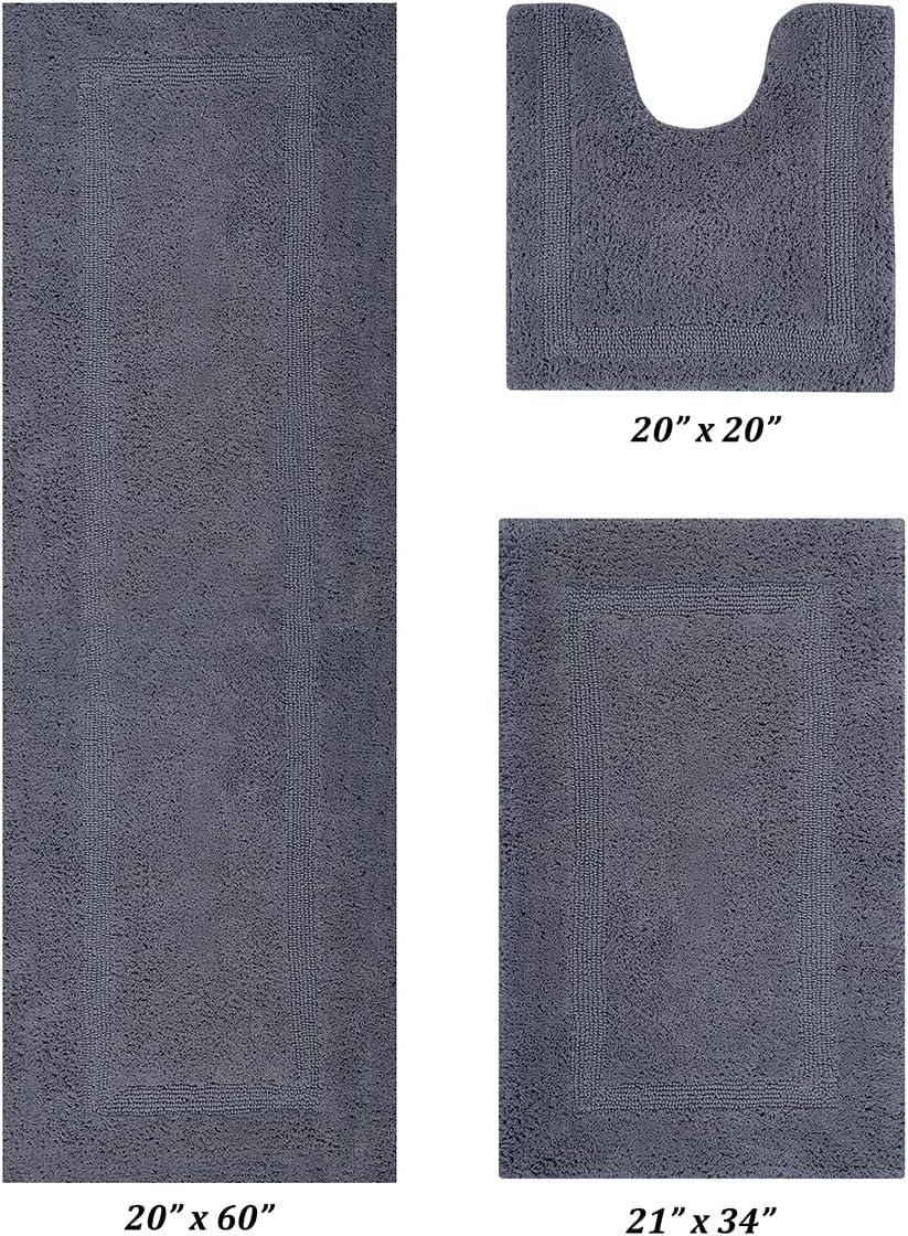 Better Trends Lux 100% Cotton Tufted Solid Reversible Bath Rug Set 3 PC (20" x 20" | 21" x 34" | 20" x 60") - Gray