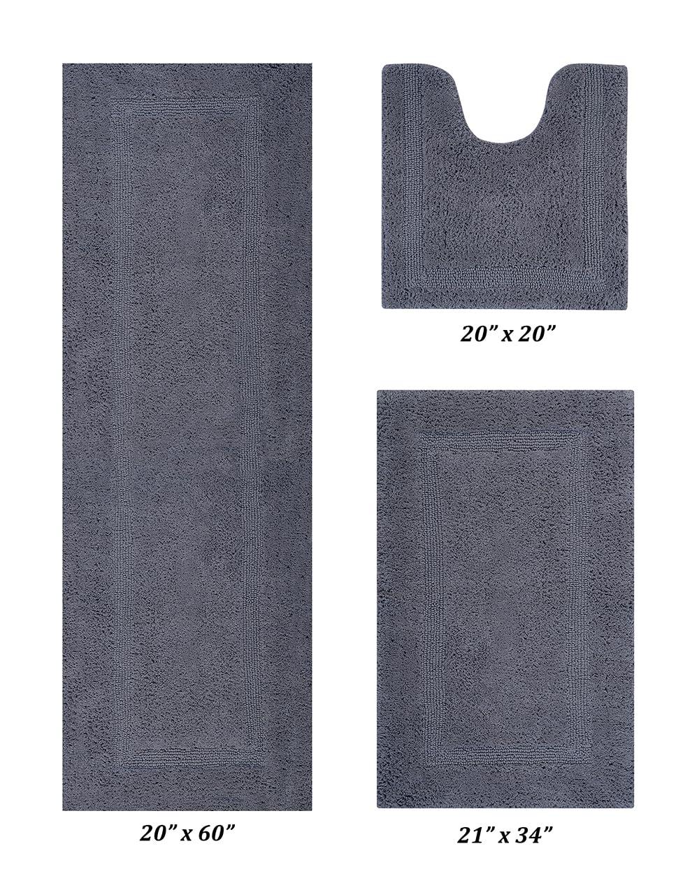 Better Trends Lux 100% Cotton Tufted Solid Reversible Bath Rug Set 3 PC (20" x 20" | 21" x 34" | 20" x 60") - Gray