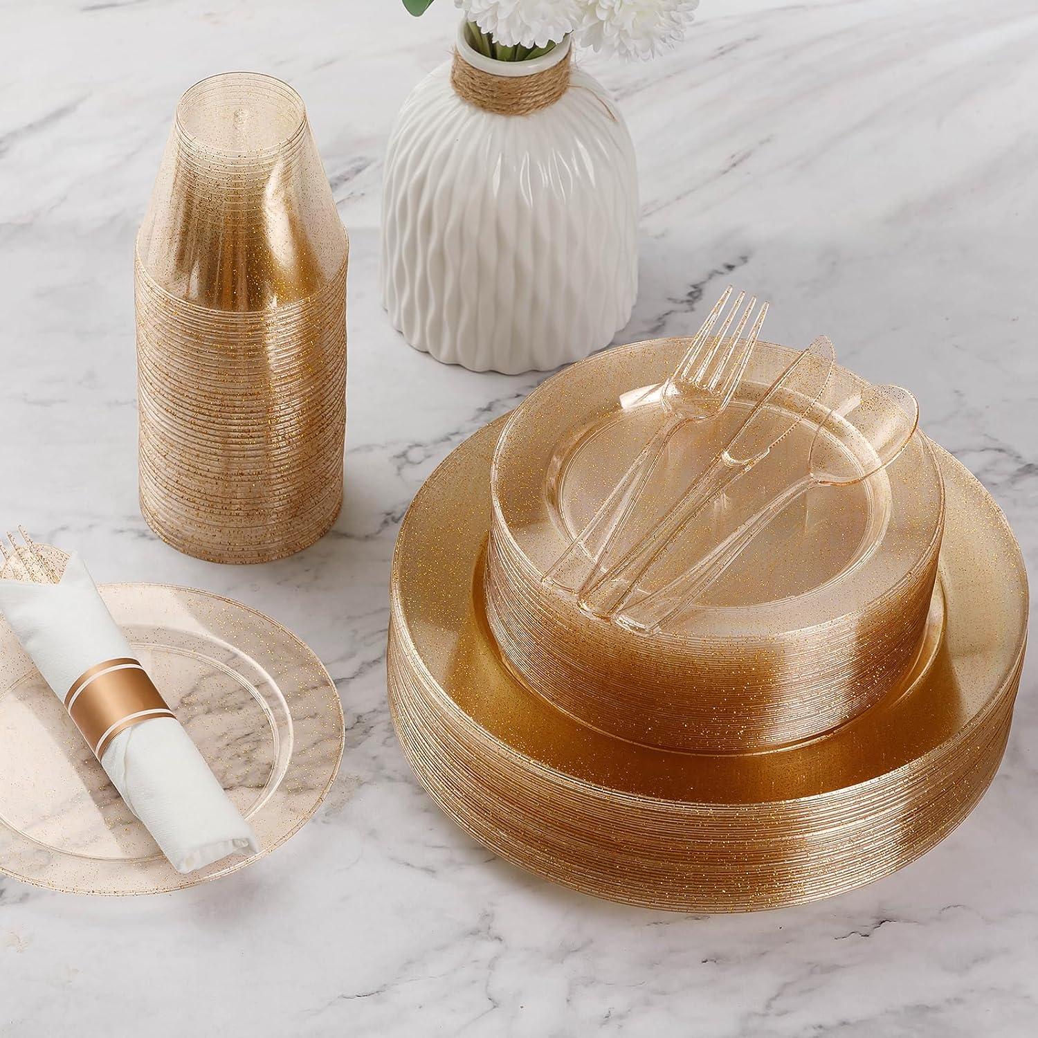 MODERN WALLS LLC 350 Pieces Gold Glitter Dinnerware Set 50 Guest For Party- 50 Dinner Plates, 50 Dessert Plates -50 Per Rolled Napkins With Gold Cutlery - 50 Disposable Cups 9 OZ