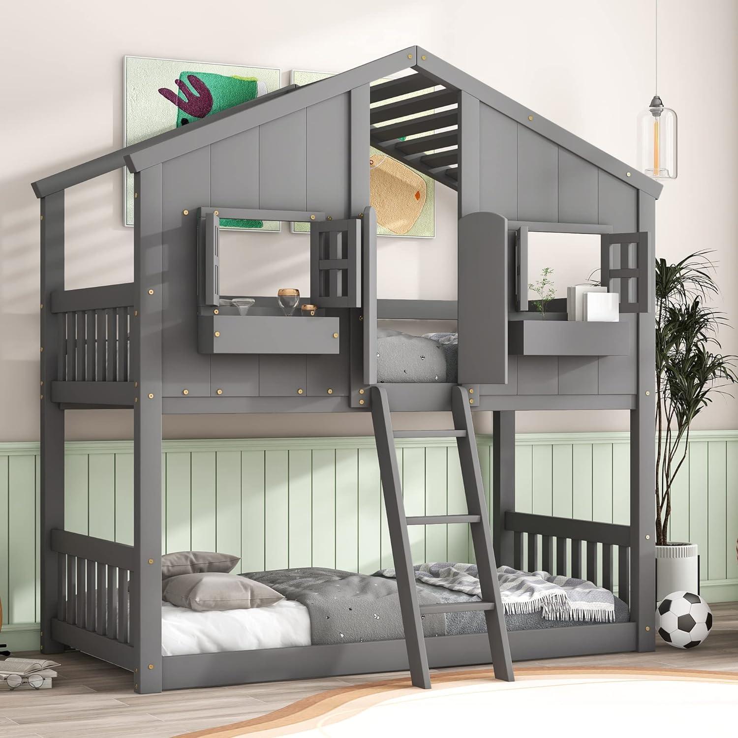 HighSound Twin Over Twin House Bunk Bed Frame with Roof, Window, Ladder and Safety Guardrails for Boys Girls, White & Pink