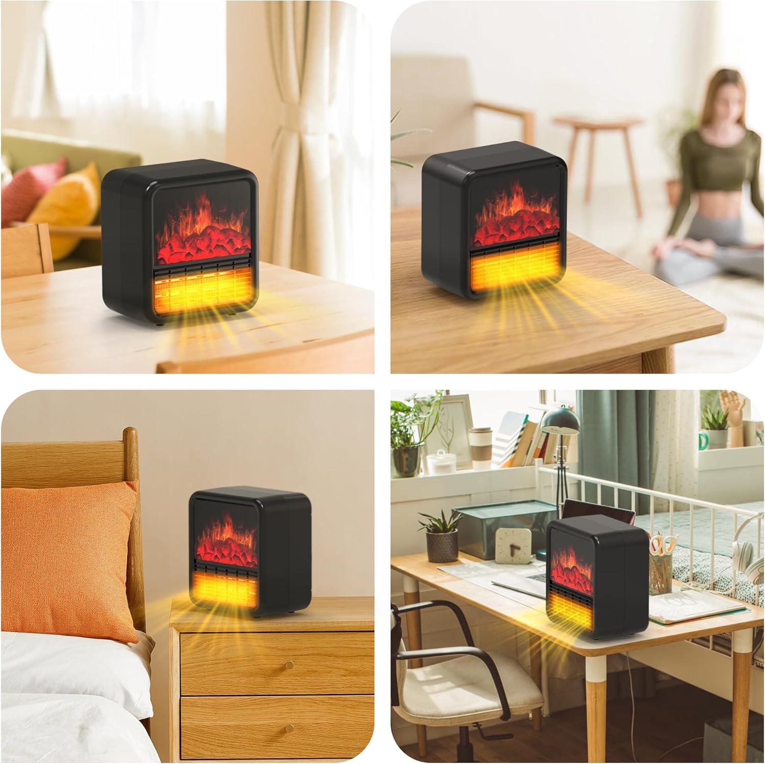 Small Portable Space Heater for Indoor use with Realistic 3D Flame, Mini Electric Fireplace Heater with Thermostat, 1500W/750W PTC Ceramic Heating, Tip-Over Safety Switch, Black