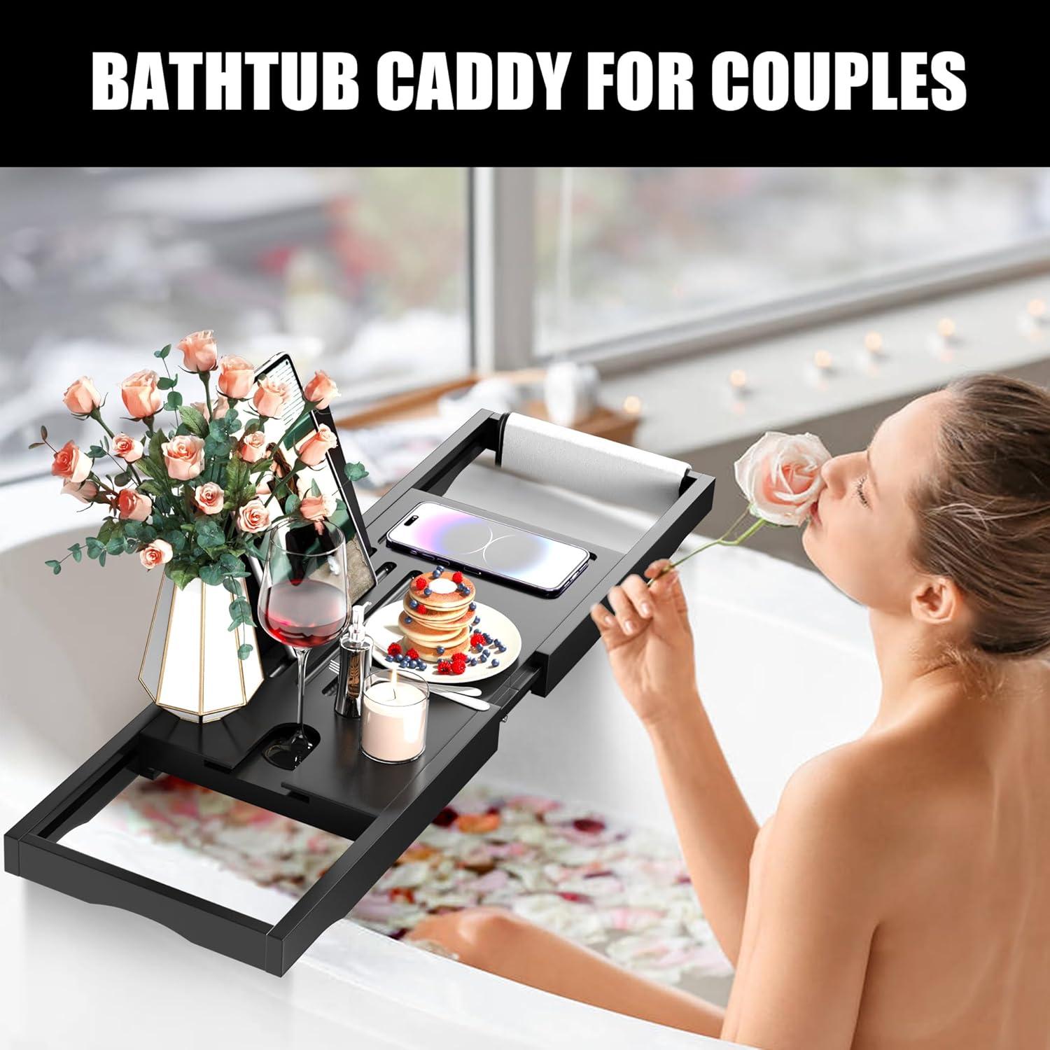Premium Bathtub Caddy Tray,Expandable Bamboo Bath Tray for Tub,Foldable Minimalist Bathroom Accessories with Book Stand for Home Spa Relaxing,Unique House Warming Gifts,Natural