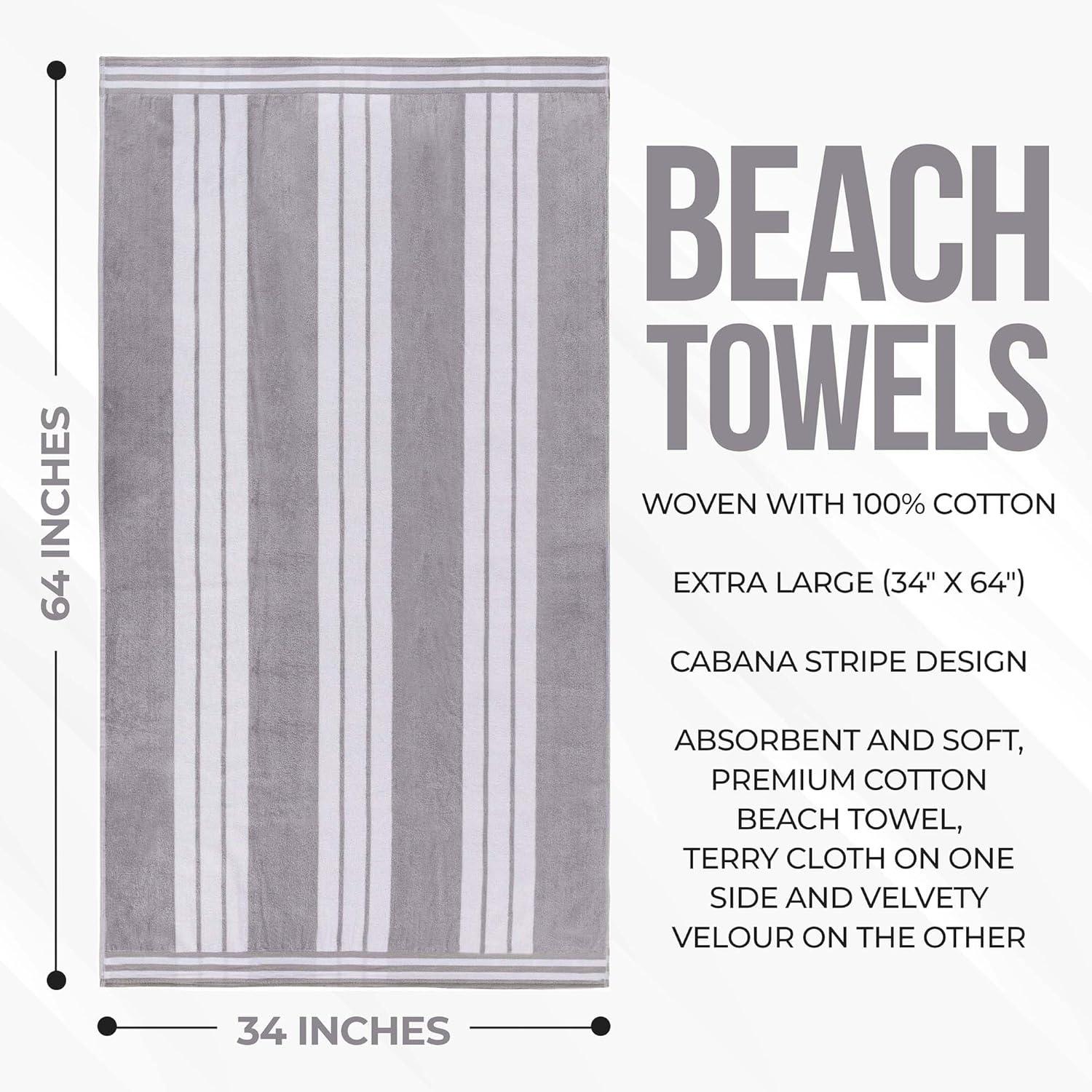 Superior Cotton Striped Oversized Beach Towel, 34" x 64", Light Grey
