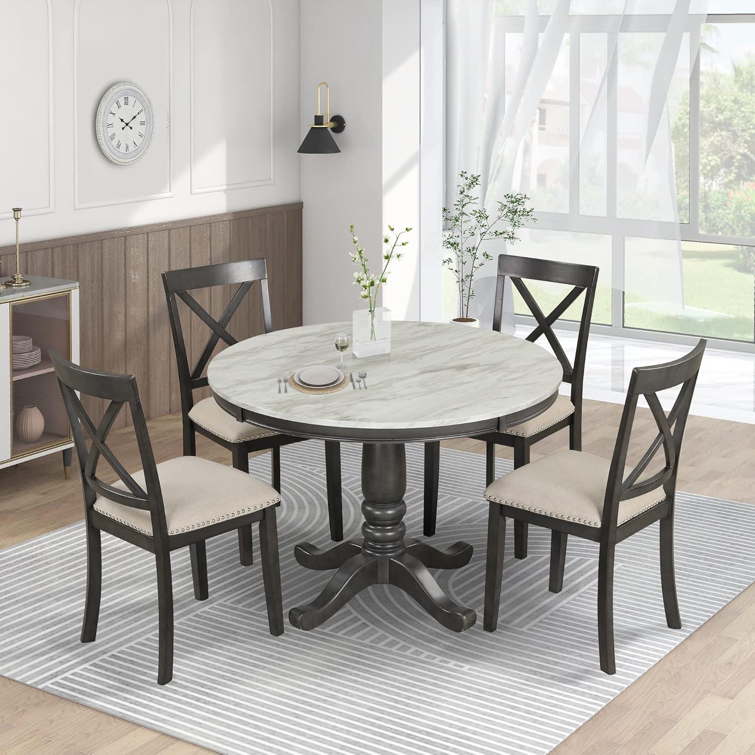 Gray Faux Marble Top Round Dining Table Set with 4 Chairs