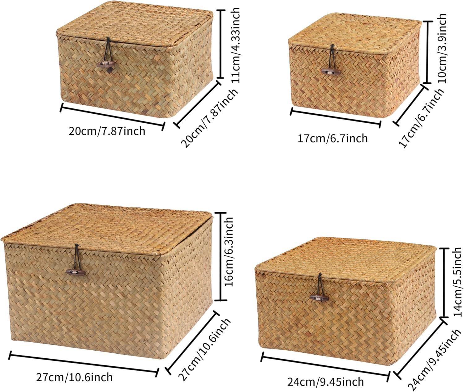 Wicker Shelf Baskets with Lid, Handwoven Seagrass Storage Basket Bins Square Gift Boxes for Shelves Home Decor Organizer (Natural, Set of 4)