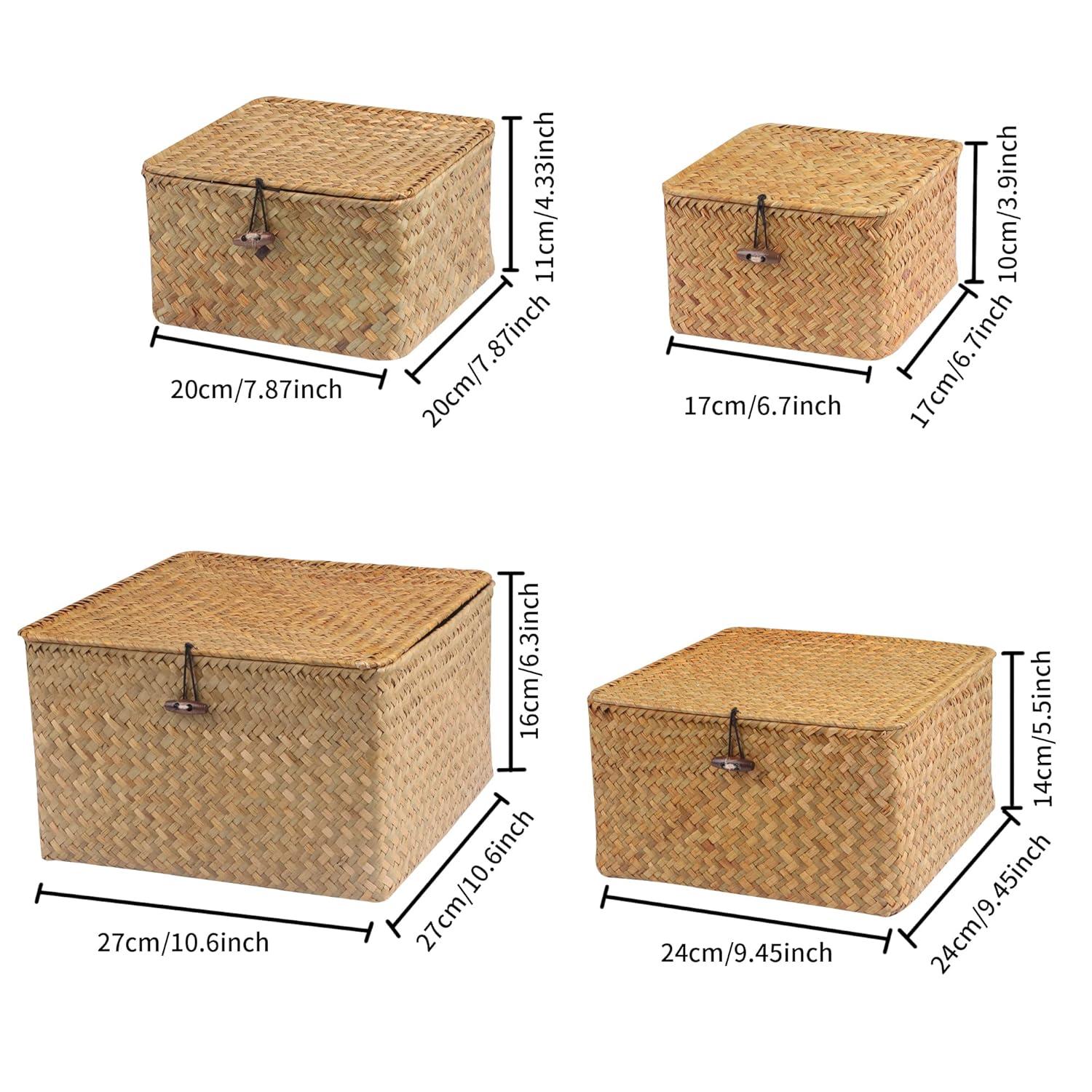Wicker Shelf Baskets with Lid, Handwoven Seagrass Storage Basket Bins Square Gift Boxes for Shelves Home Decor Organizer (Natural, Set of 4)