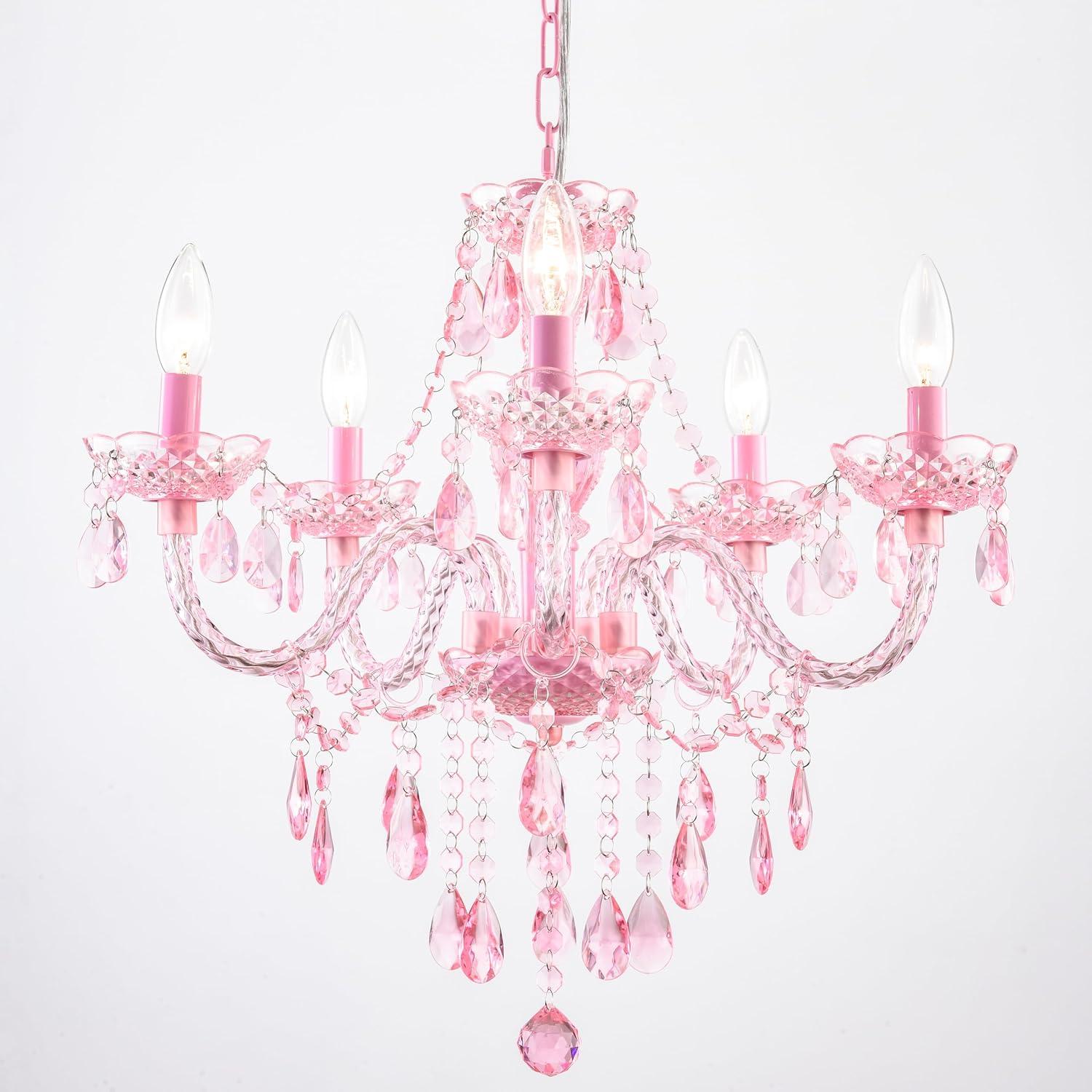 Plug-in 5 Lights Pink Crystal Hanging Pendant Light Acrylic Chandelier with Clear Cord & On/Off Switch H19 D19.7 for Kitchen Island Girls' Room Dining Area Laundry Pavilion.