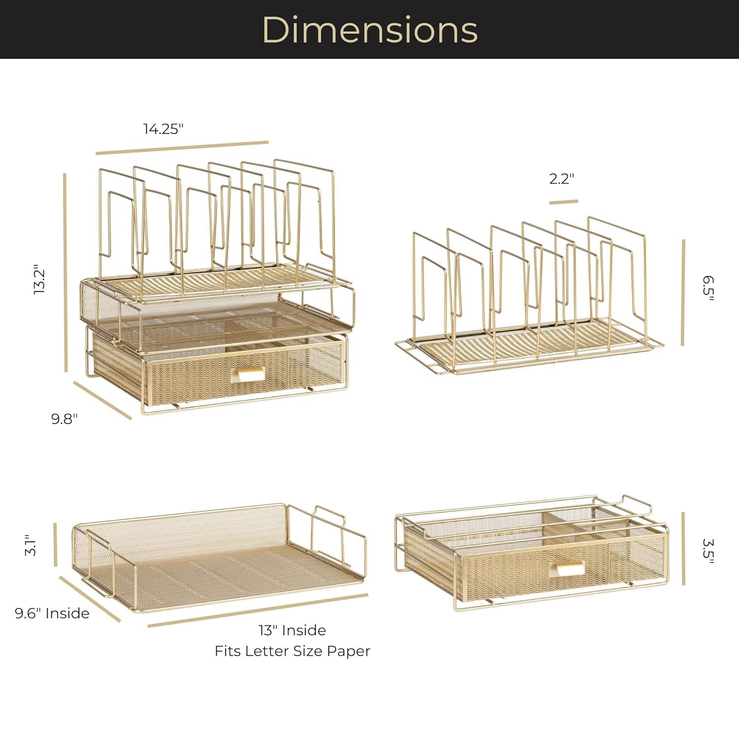 Blu Monaco Gold Desk Organizer - Includes Detachable File Organizer, Stackable Paper Tray & Drawer, Office Supplies for Desk