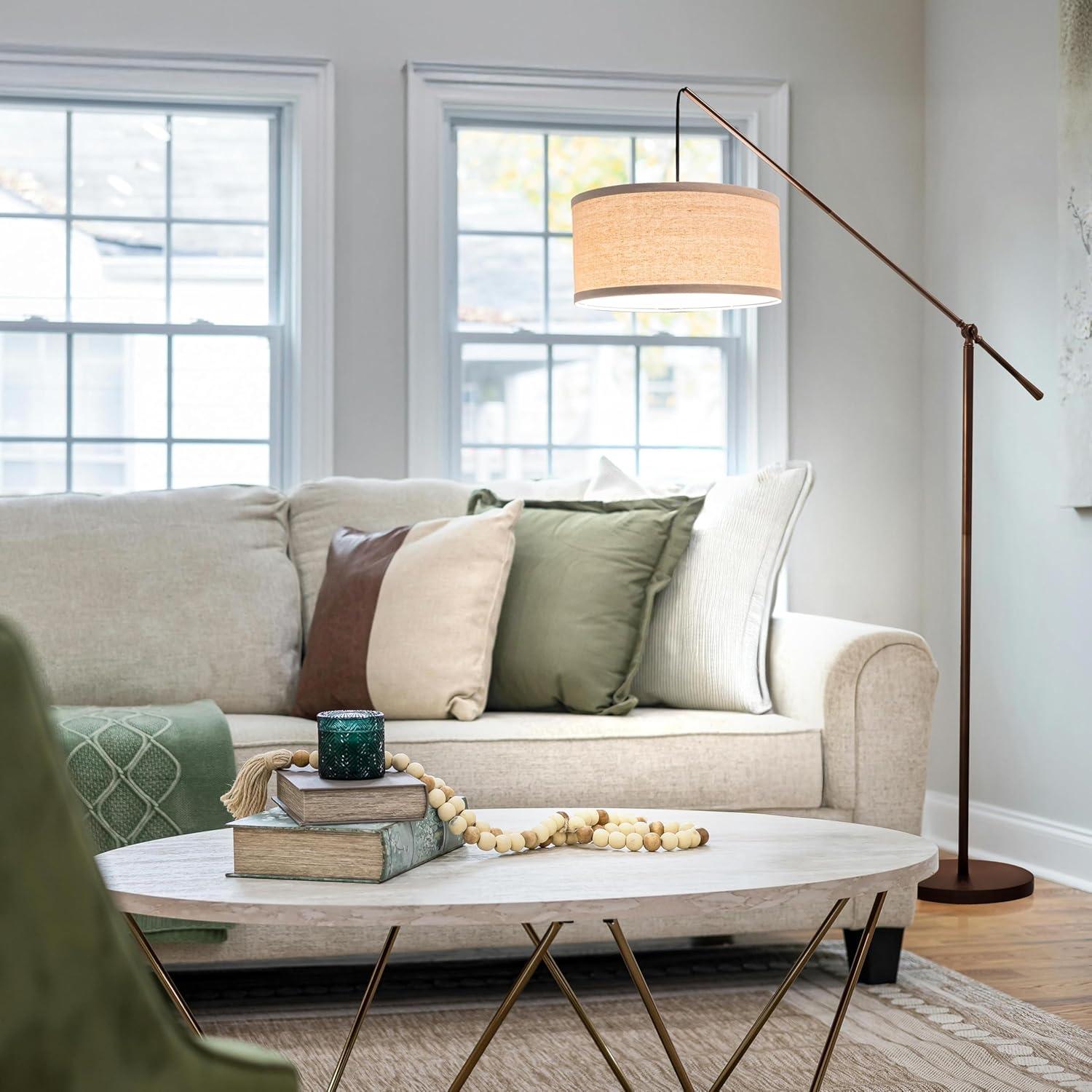 Brightech Hudson 70" Modern LED Floor Lamp with Adjustable Height, Brushed Bronze Finish, and Beige Fabric Drum Shade, Bulb Included