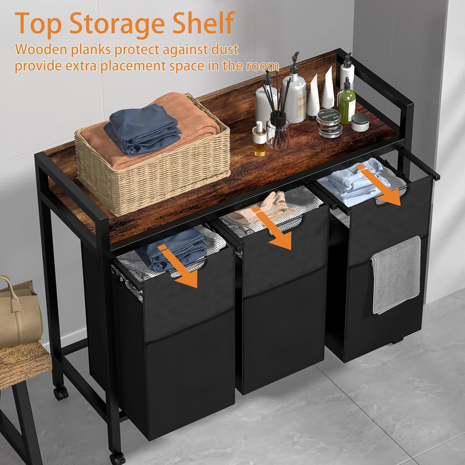Laundry Sorter 3 Section,360°Rolling Laundry Basket,3 Pull-Out and Removable Oxford Fabric Laundry Bags(144L),Rustic Brown and Black