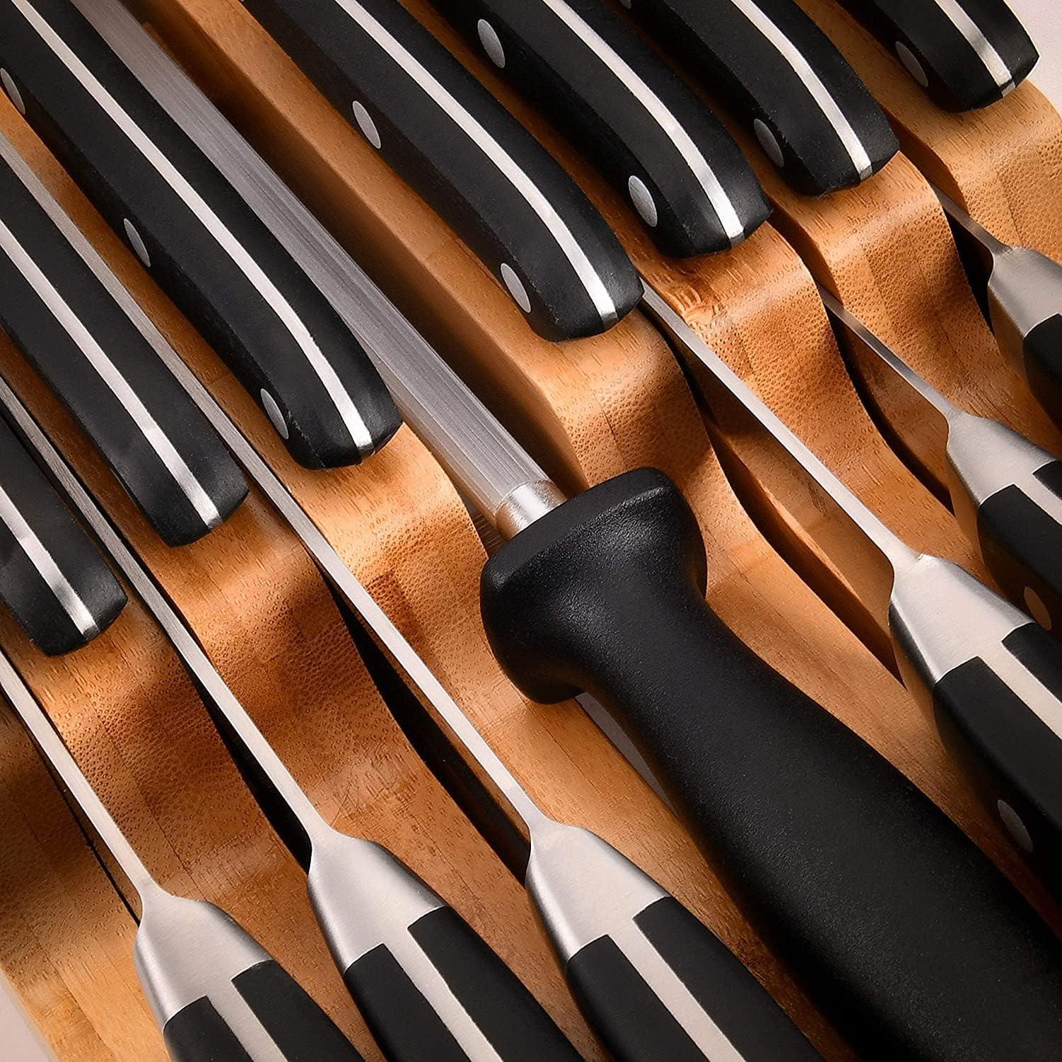 Homemaid Living In-Drawer Bamboo Knife Block - Holds 14 Knives Plus a Slot for Knife Sharpener - Premium Knife Drawer Organizer (2” Tall, 17” Deep)
