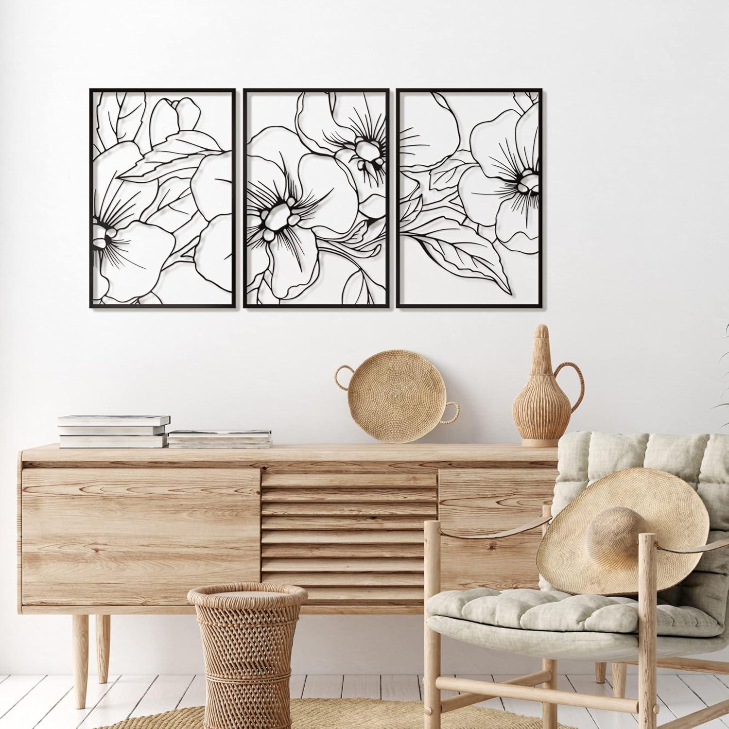 Black Metal Floral Abstract Wall Art Set of 3