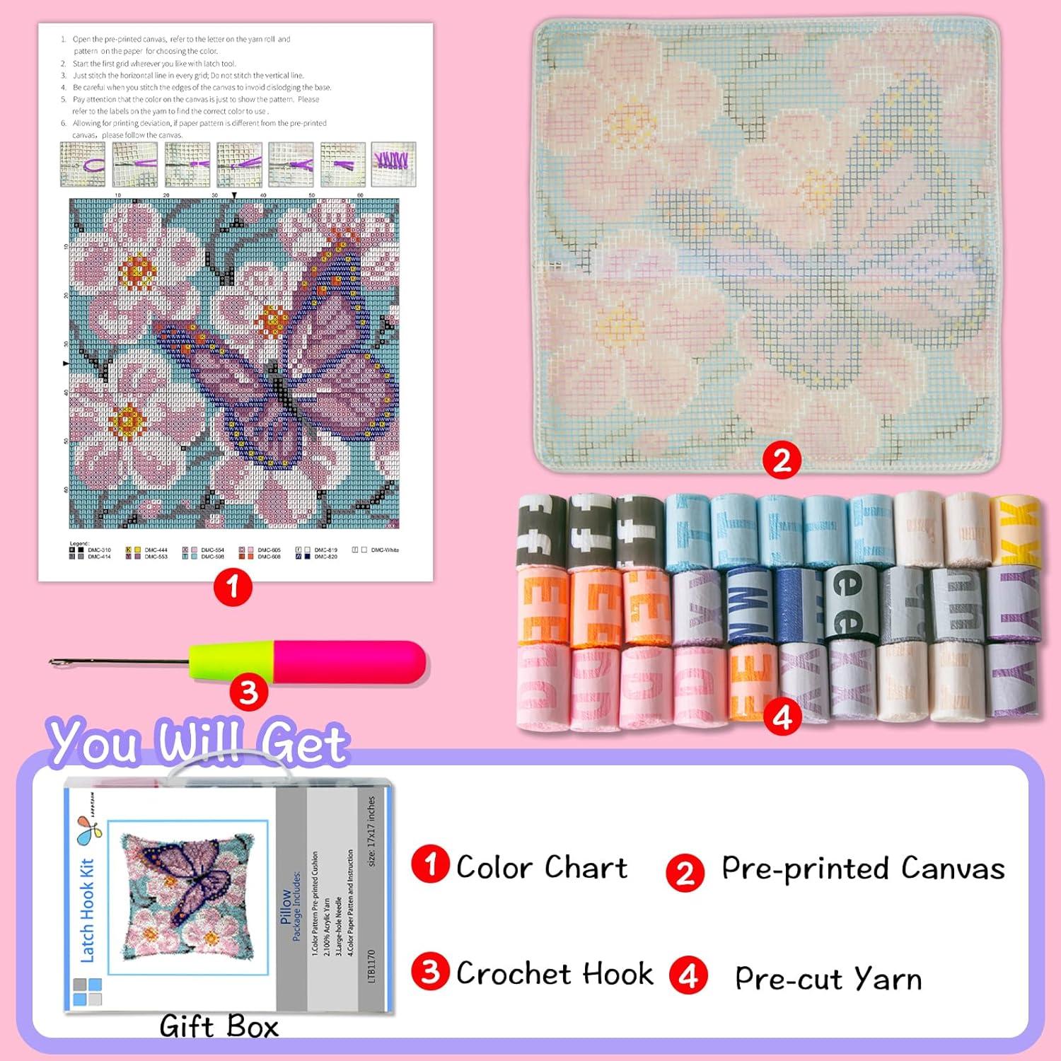 LAPATAIN Latch Hook Kits for DIY Throw Pillow Cover,Tulips Needlework Cushion Cover Hand Craft Crochet 17x17inch