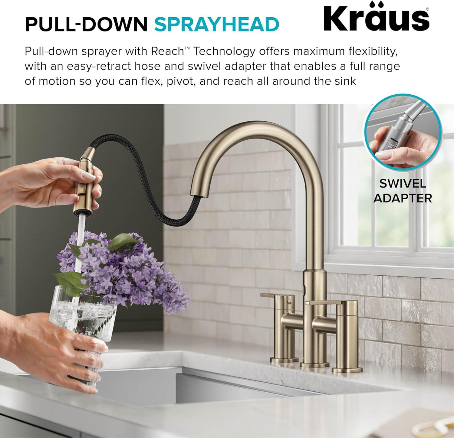 KRAUS Oletto Touchless Sensor Bridge Kitchen Faucet With Pull-Down Sprayhead