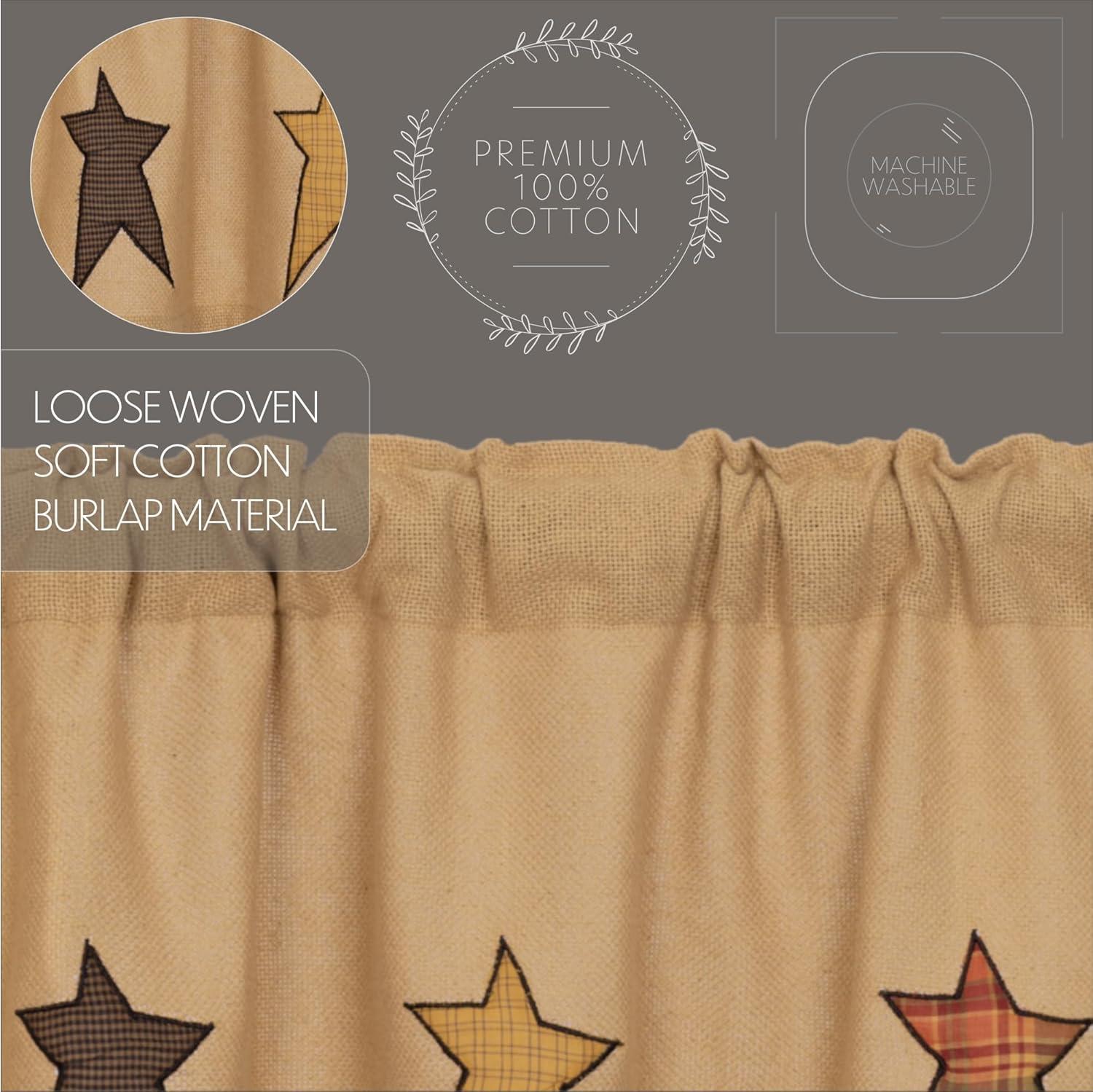 VHC Brands Stratton Primitive 16"x72" Stars Valance Tan Rod Pocket Appliqued Cotton Burlap Kitchen Window Curtains