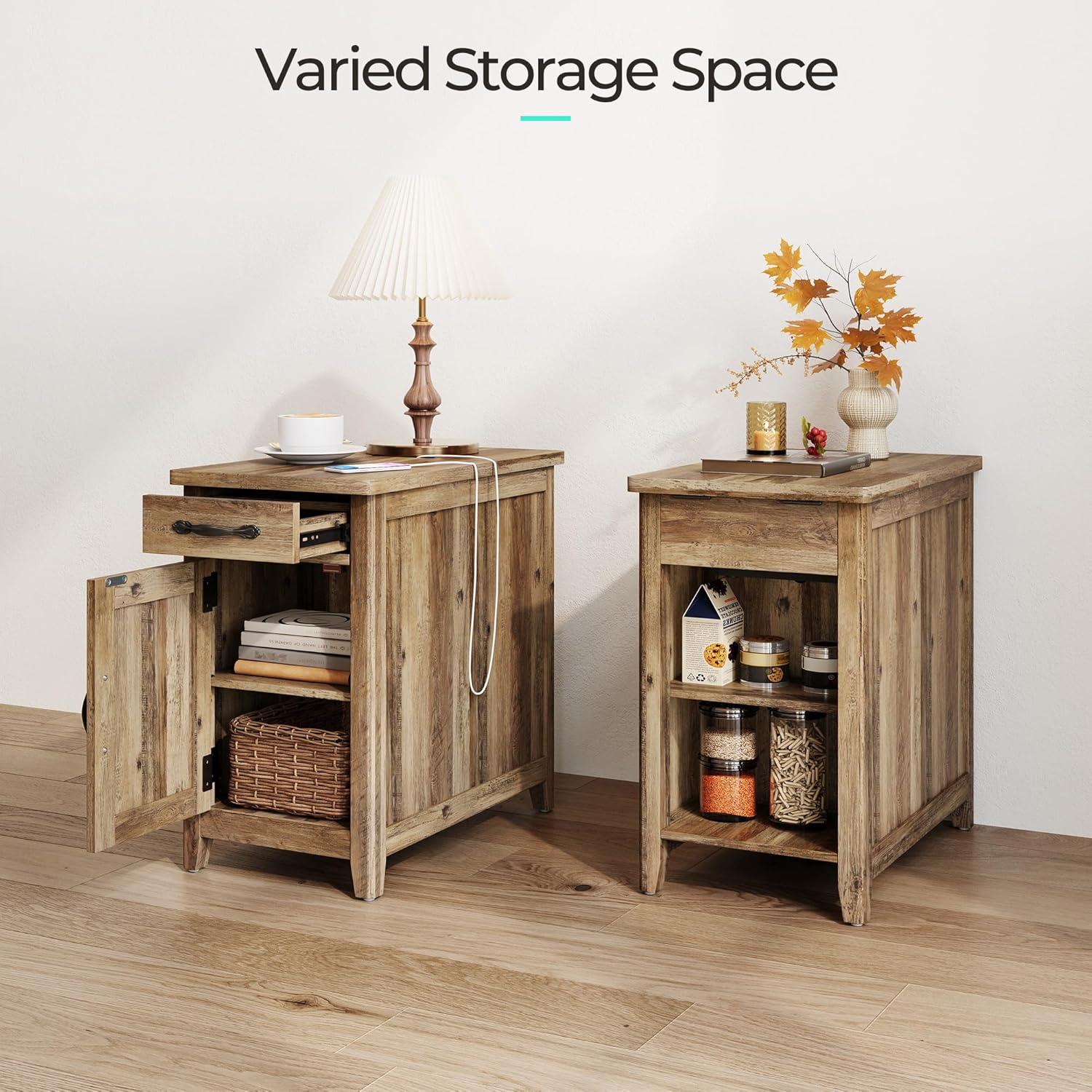 LINSY HOME End Table with Charging Station, Side Table for Bedroom with Drawer and Detachable Holder, Multiple Storage Space, Extra Storage & Display Space, Small Nightstand for Living Room,brown