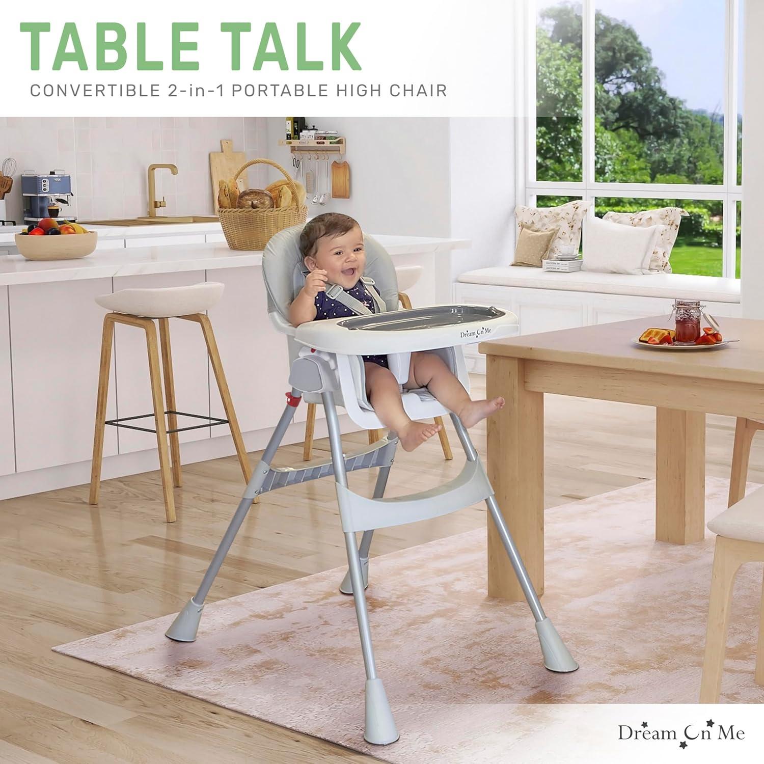 Dream On Me Portable 2-In-1 Table Talk High Chair - Convertible Compact and Lightweight, Grey