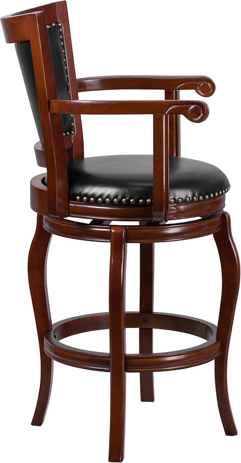 Emma and Oliver 30"H Cherry Wood Panel Back Swivel Barstool with Arms