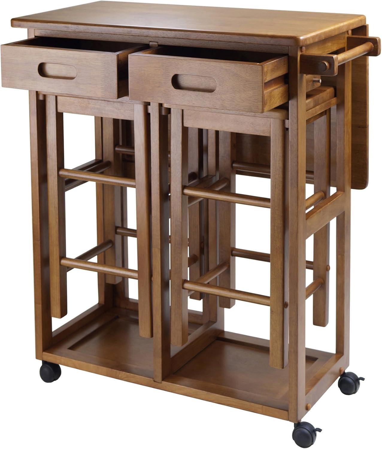 3pc Suzanne Space Saver Drop Leaf Dining Set Teak - Winsome: Compact, Storage Drawers & 2 Stools