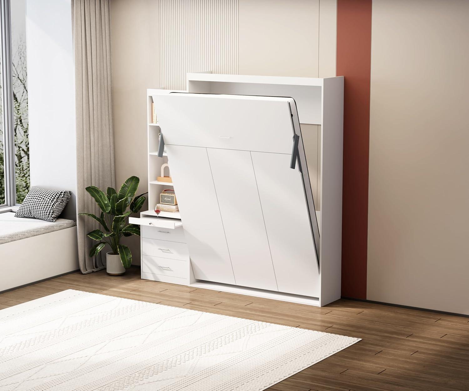 Bellemave Modern Full Size Murphy Bed with Storage Shelf and Drawers for Bedroom or Guestroom,Murphy Chest Bed Space-Saving Folding White Wall Bed with New Style,White