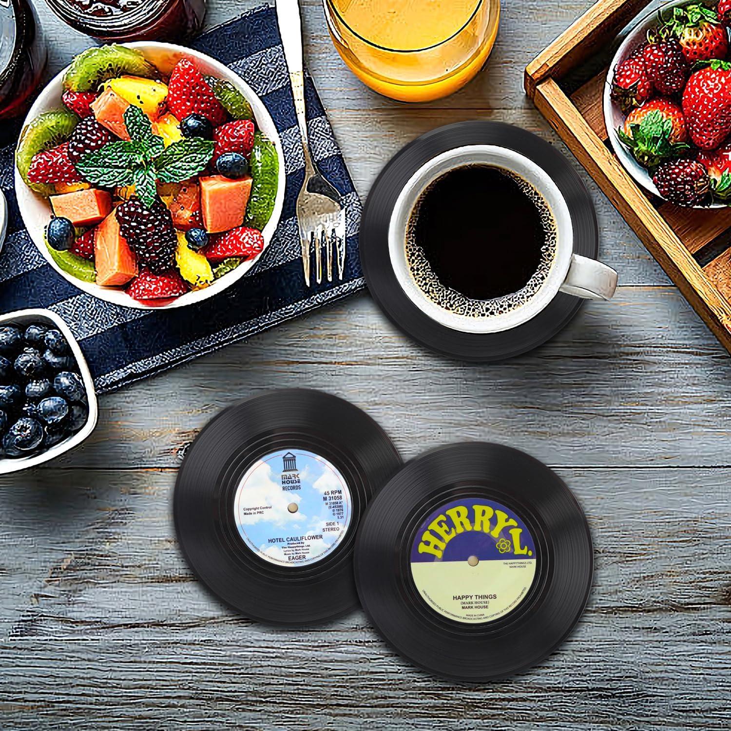 Funny Retro Record Coasters for Drinks with Vinyl Player Holder for Music Lovers,Set of 6 Conversation Piece Sayings Drink Coaster,Housewarming Hostess Wedding Registry Gift Ideas