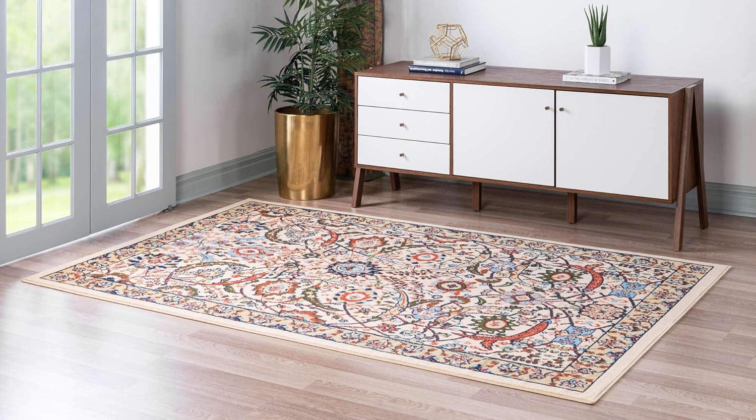 Ivory and Multicolor Rectangular Synthetic Area Rug