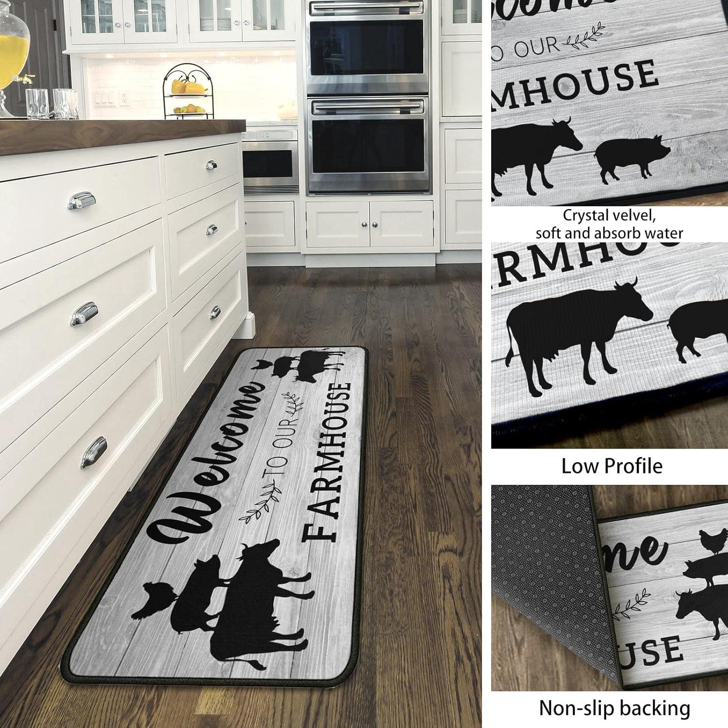 Farmhouse Style Kitchen Rugs Set 2 Pieces Non Skid Grey Kitchen Floor Rugs and Mats Kitchen Runner Rug Comfort Soft Standing Area Mat for Kitchen Floor Farmhouse Decor 17"x47"+17"x30"