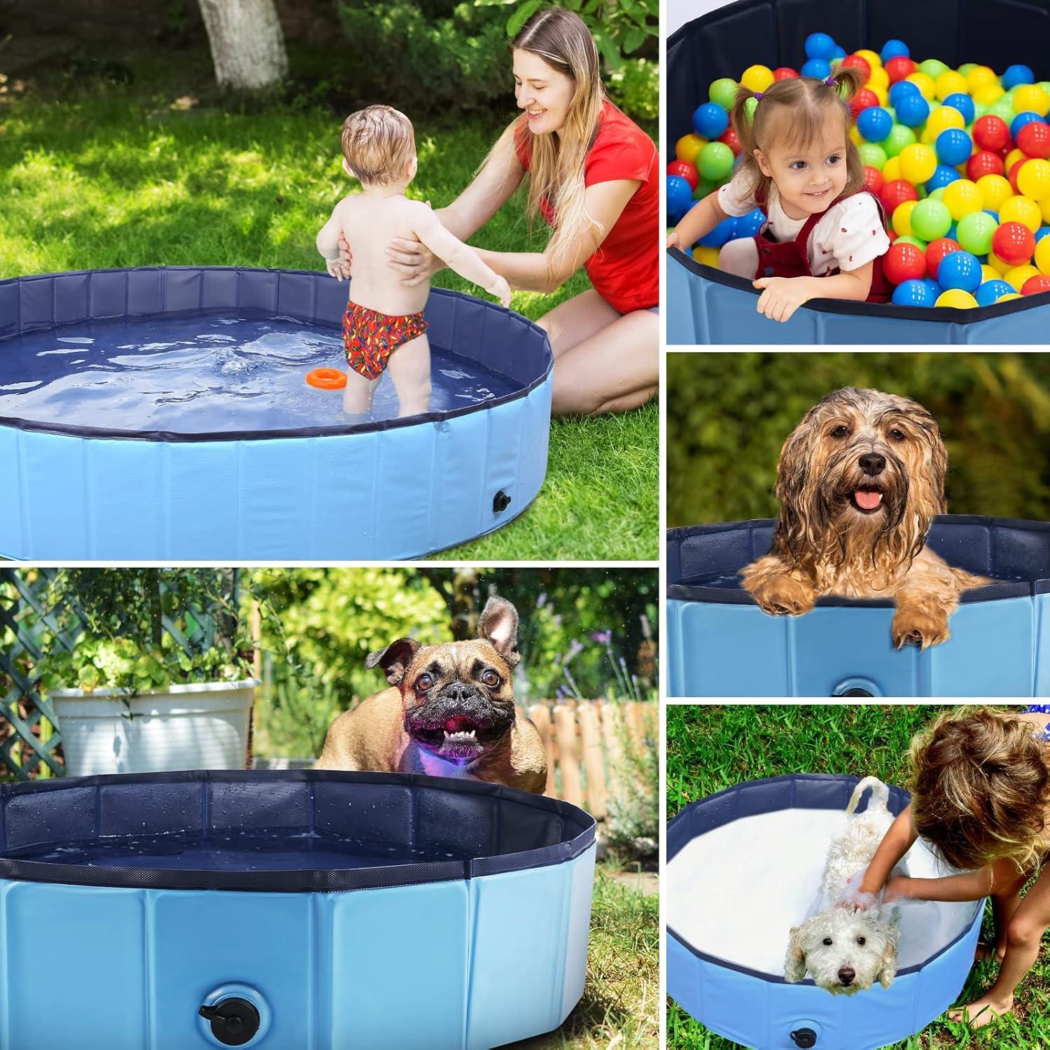 Foldable Dog Bath Swimming Pool Plastic Kiddie Pool Professional Tub Collapsible Grooming Bathtub for Pets Kids Baby and Toddler, 32 x 8 Inches Blue (Blue, S - 32'' x 8'')