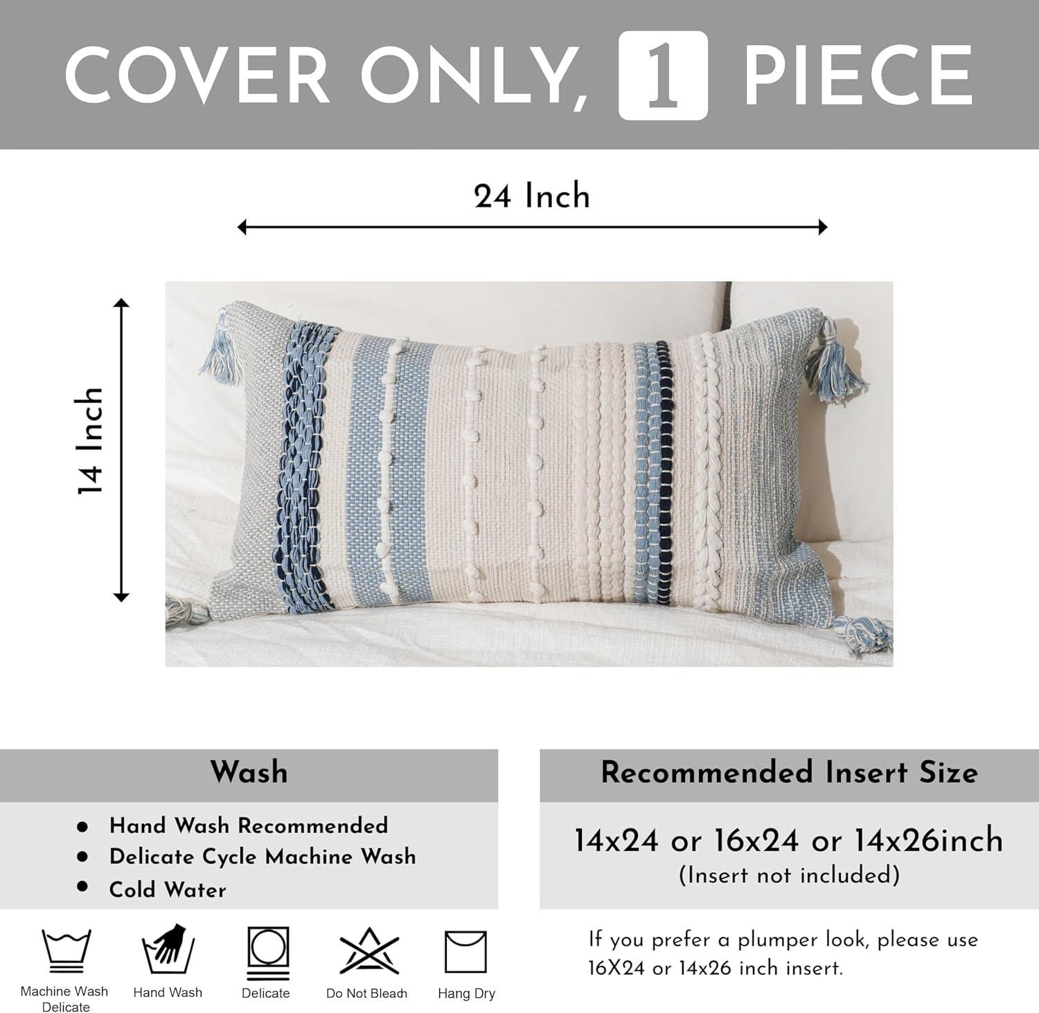 Decorative Lumbar Throw Pillow Cover 14x24 Boho Coastal Blue Accent Cushion for Couch Sofa Farmhouse Pillowcase for Bedroom Living Room Home Décor Cover ONLY