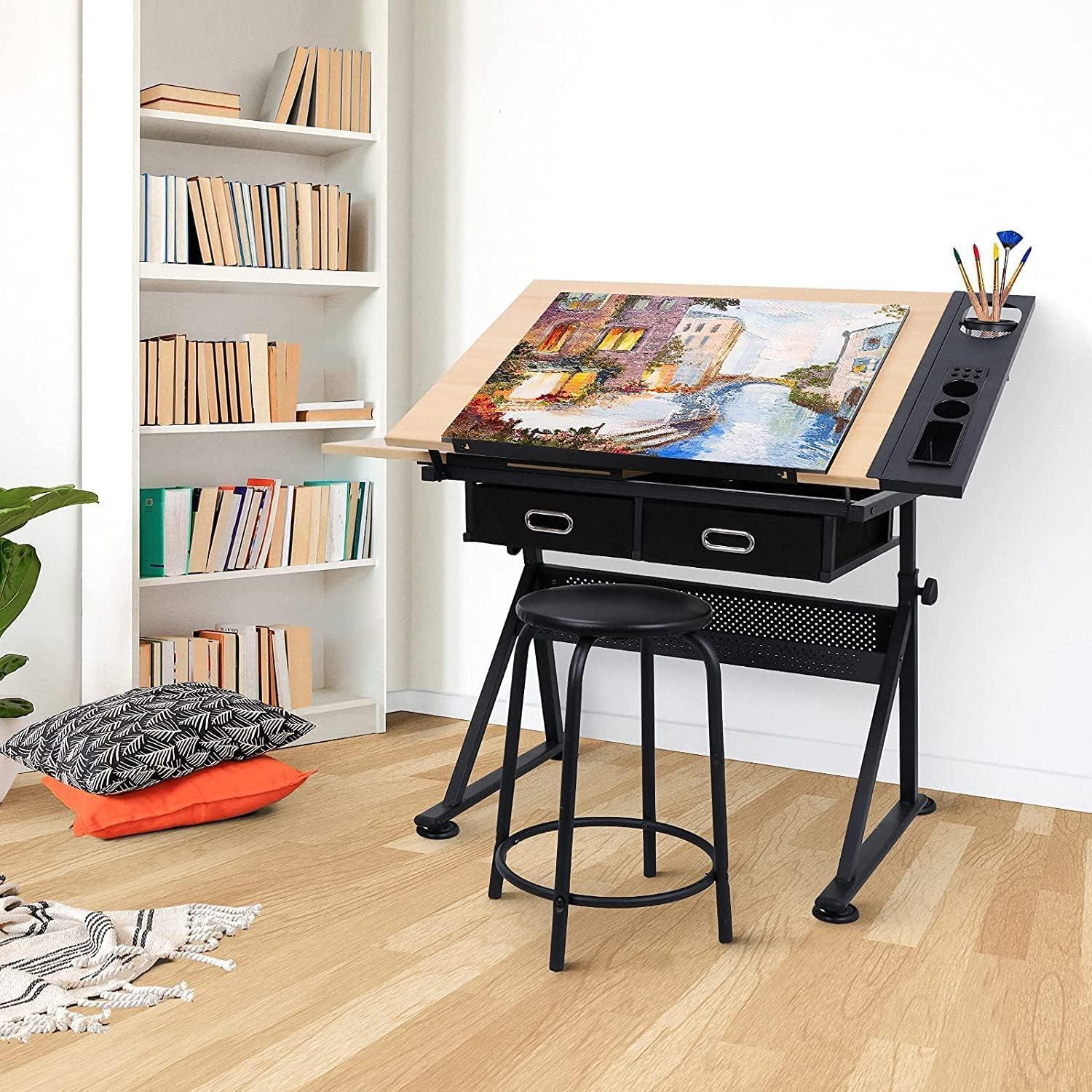 Natural Adjustable Drafting Table with Stool and Storage Drawers