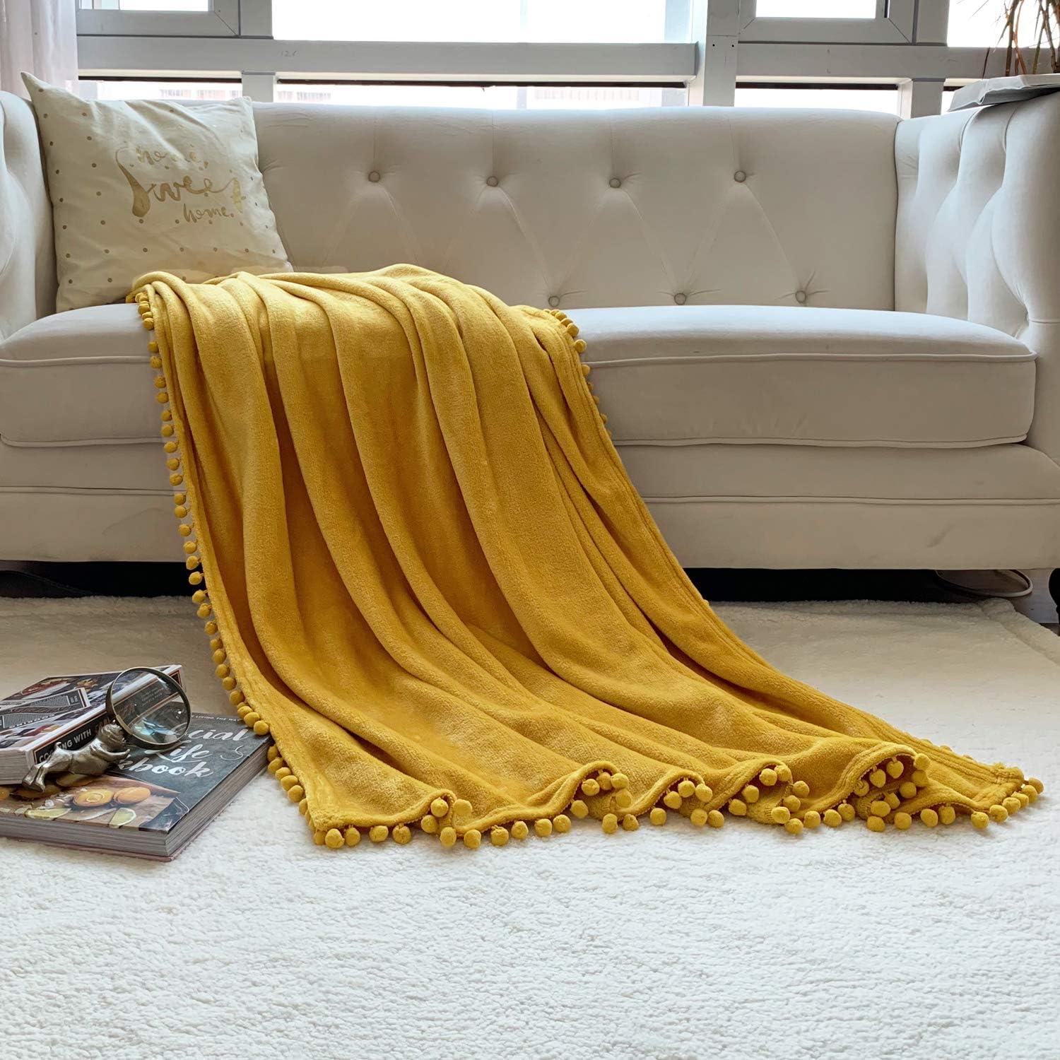 Mustard Yellow Flannel Blanket with Pompom Fringe, 51x63